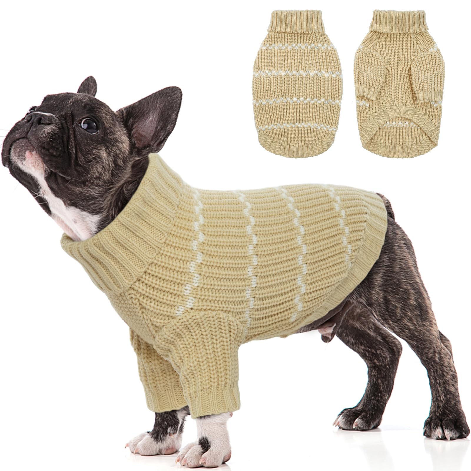 IDOMIK Thick Knitted Dog Sweater - Classic Striped Turtleneck Pullover for Small & Medium Dogs & Cats | Warm Winter Coat for Cold Weather (Khaki) | Perfect for Outdoor Walks & Indoor Comfort