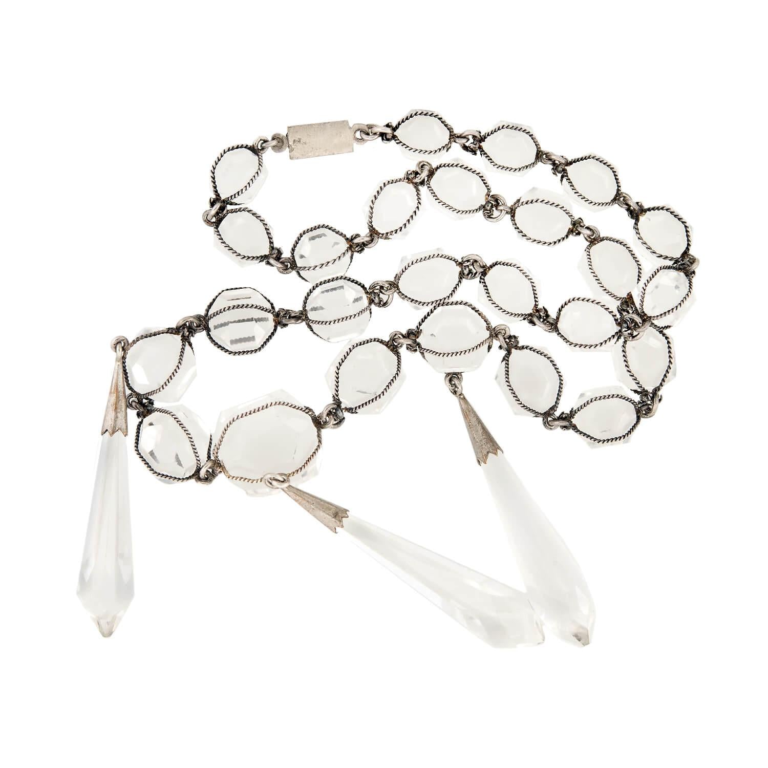 Art Deco Sterling Silver Rock Quartz Crystal Caged Festoon Necklace - Vintage Style Statement Jewelry for Women - Perfect for Evening Parties, Weddings & Special Occasions
