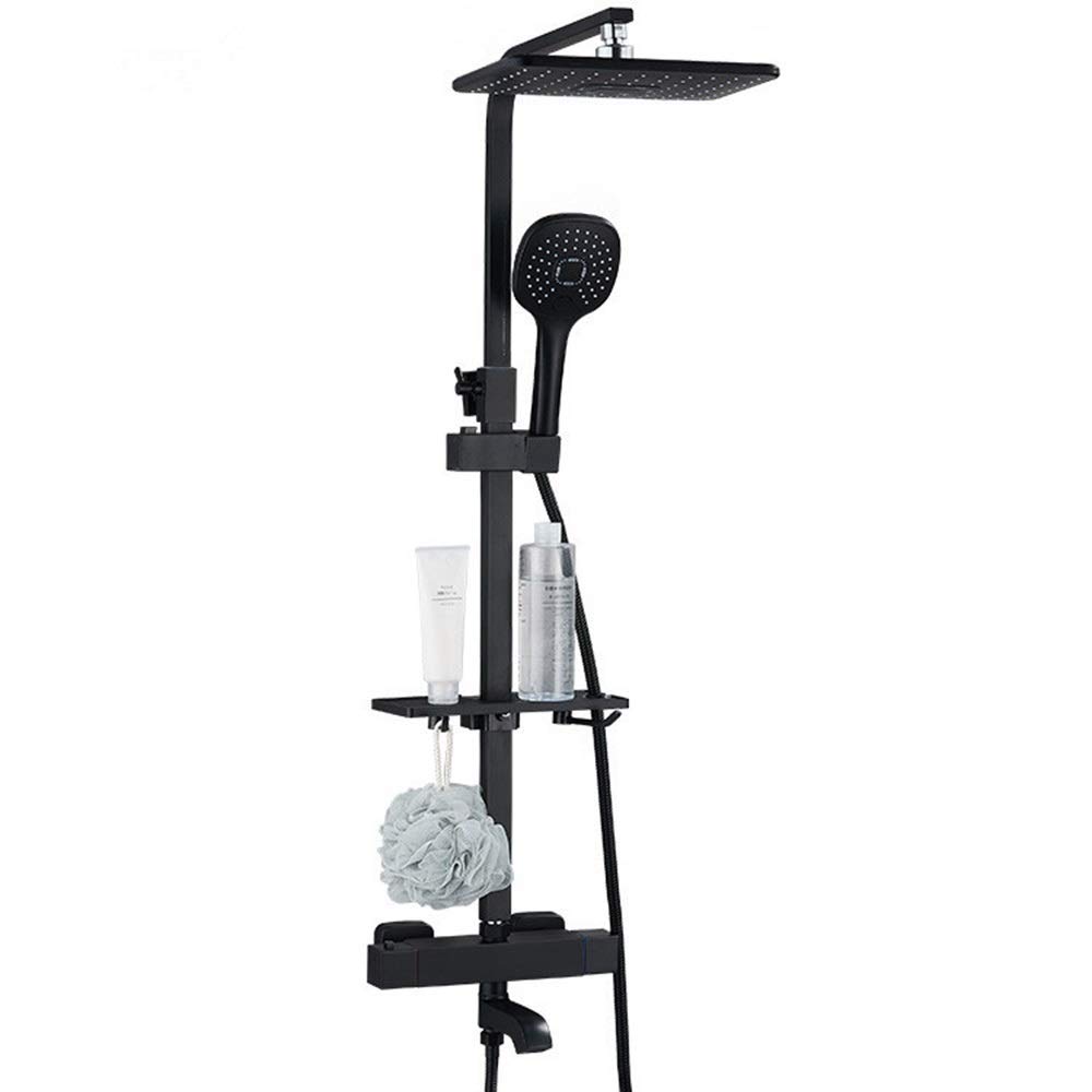 20cm Thermostatic Shower System with 5 Spray Modes - Black Brass Shower Faucet Set with Lift Rack - Rustproof Bathroom Fixture for Modern Home & Spa Experience