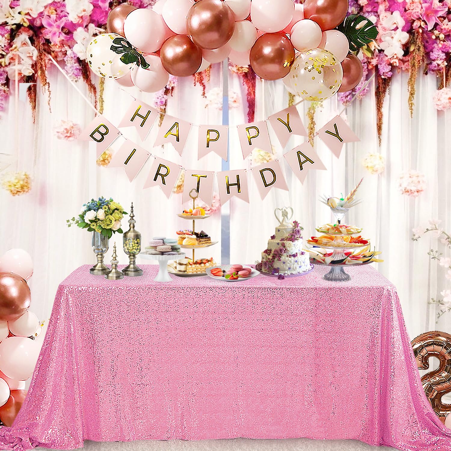 Pufogu 90x132 Inch Pink Sequin Tablecloth - Glitter Rectangular Table Cover for Birthday, Wedding, Bridal & Baby Shower Party Decor | Perfect for Holiday Celebrations, Banquet Tables & Special Events