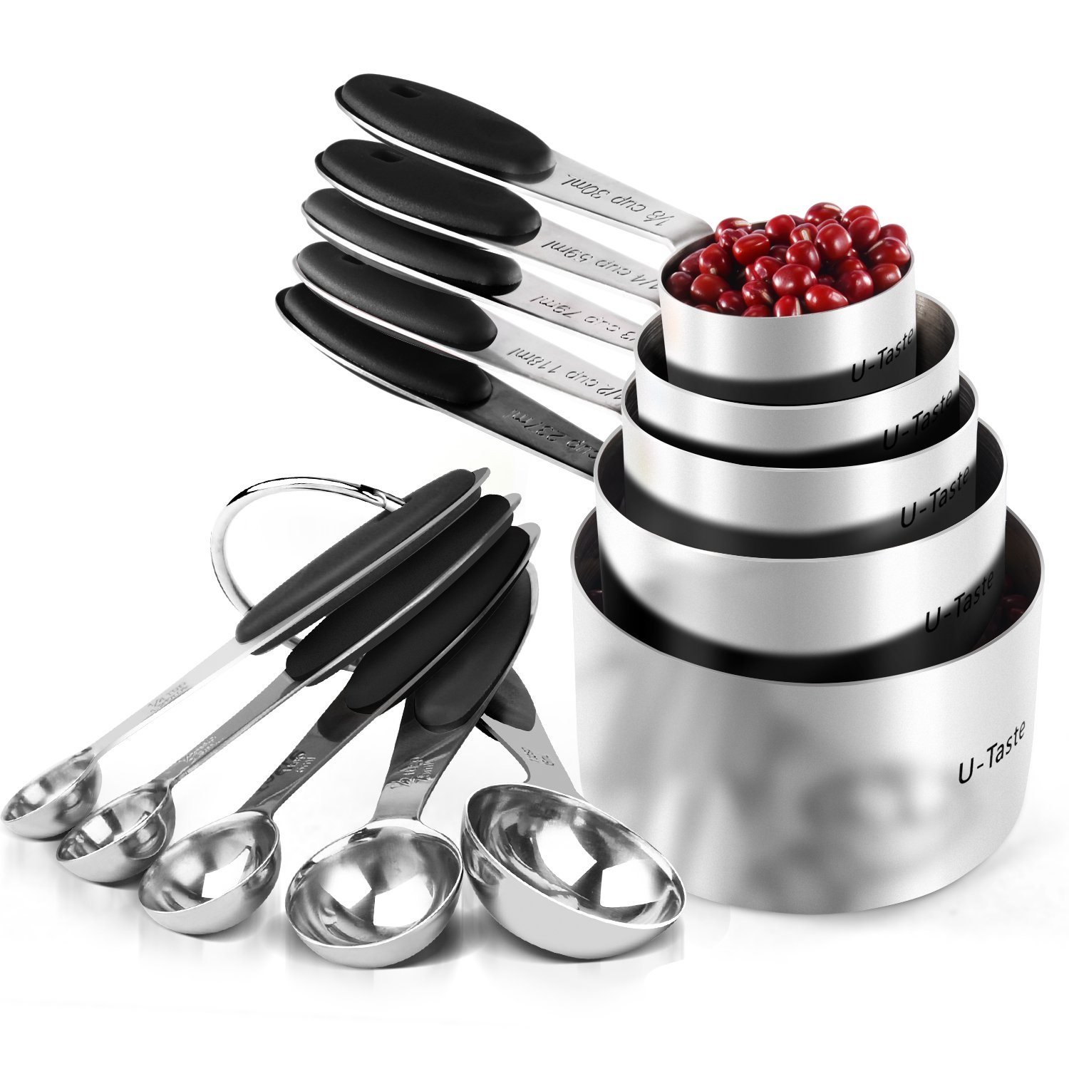 U-Taste 10-Piece 18/8 Stainless Steel Measuring Cups and Spoons Set with Upgraded Thick Handle - Black - Perfect for Baking, Cooking & Meal Prep