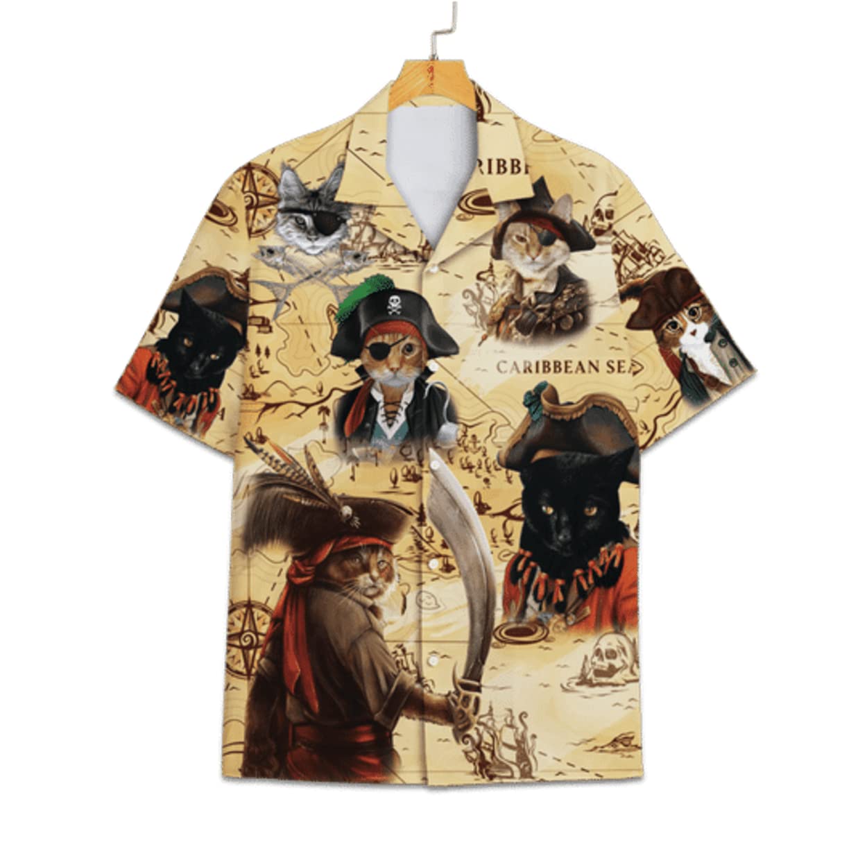 **Men's Vintage Pirate Cat & Maps Hawaiian Shirt - Short Sleeve Button Down Beach Shirt for Summer | Best Gift for Dad & Boyfriend | Perfect for Vacations, Luaus & Casual Outings**