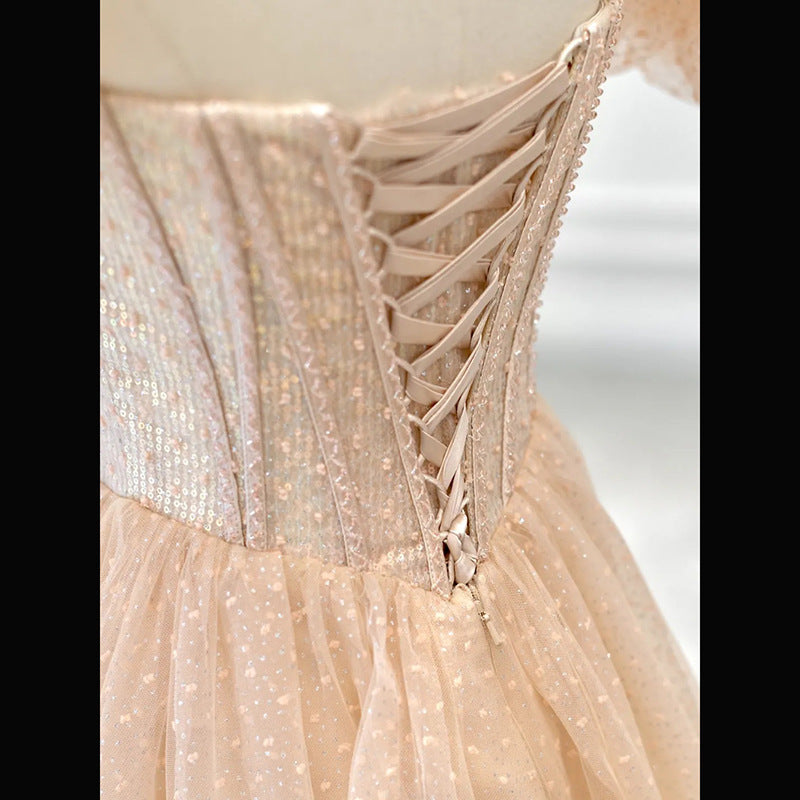 Elegant Champagne Pink Sparkly A-Line Long Prom Dress with Bling - Perfect for Evening Gala, Homecoming, and Formal Events