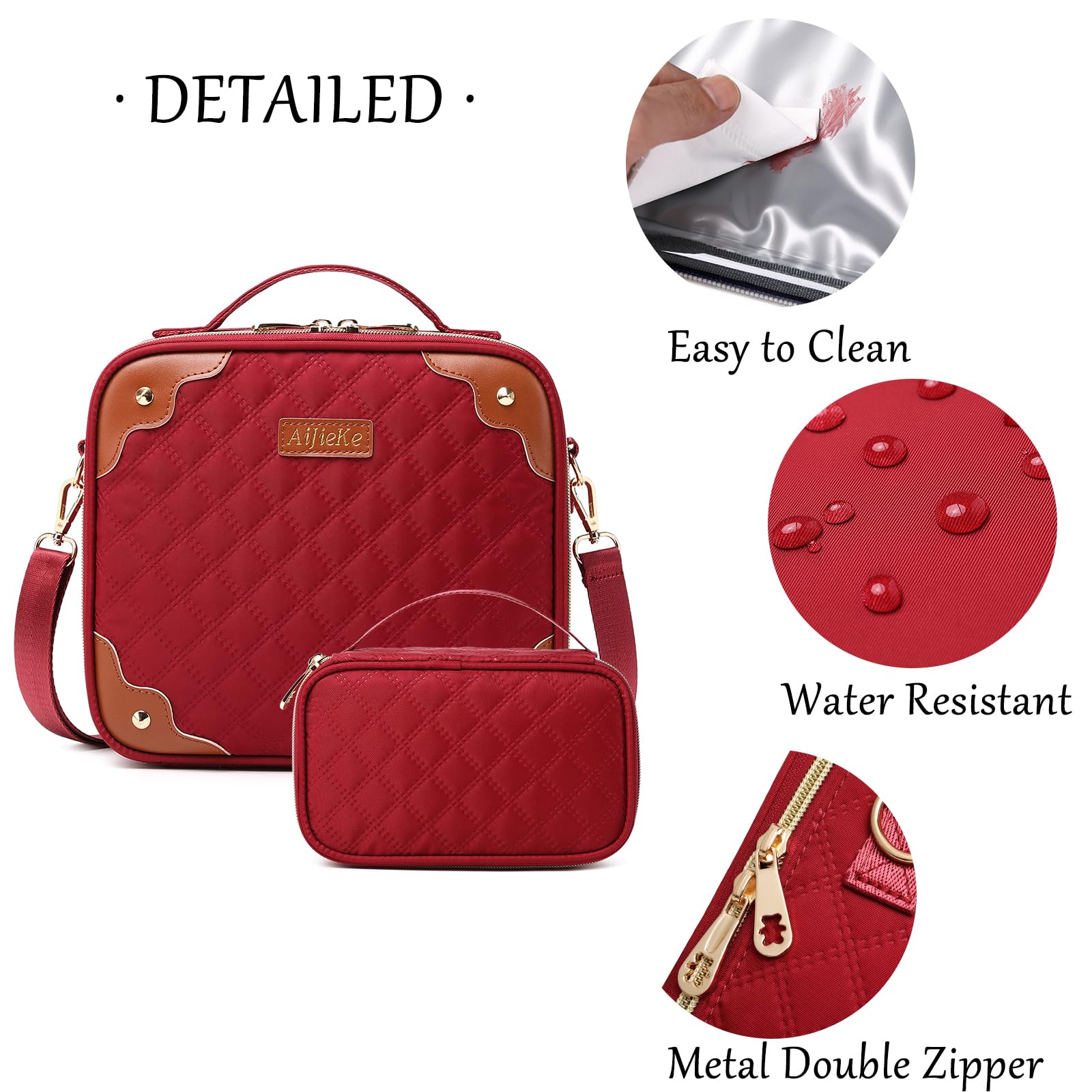 Travel Makeup Bag - Large Cosmetic Organizer Pouch for Women with Brush Holder | Perfect for Skincare, Makeup Accessories & On-the-Go Beauty Essentials | Red