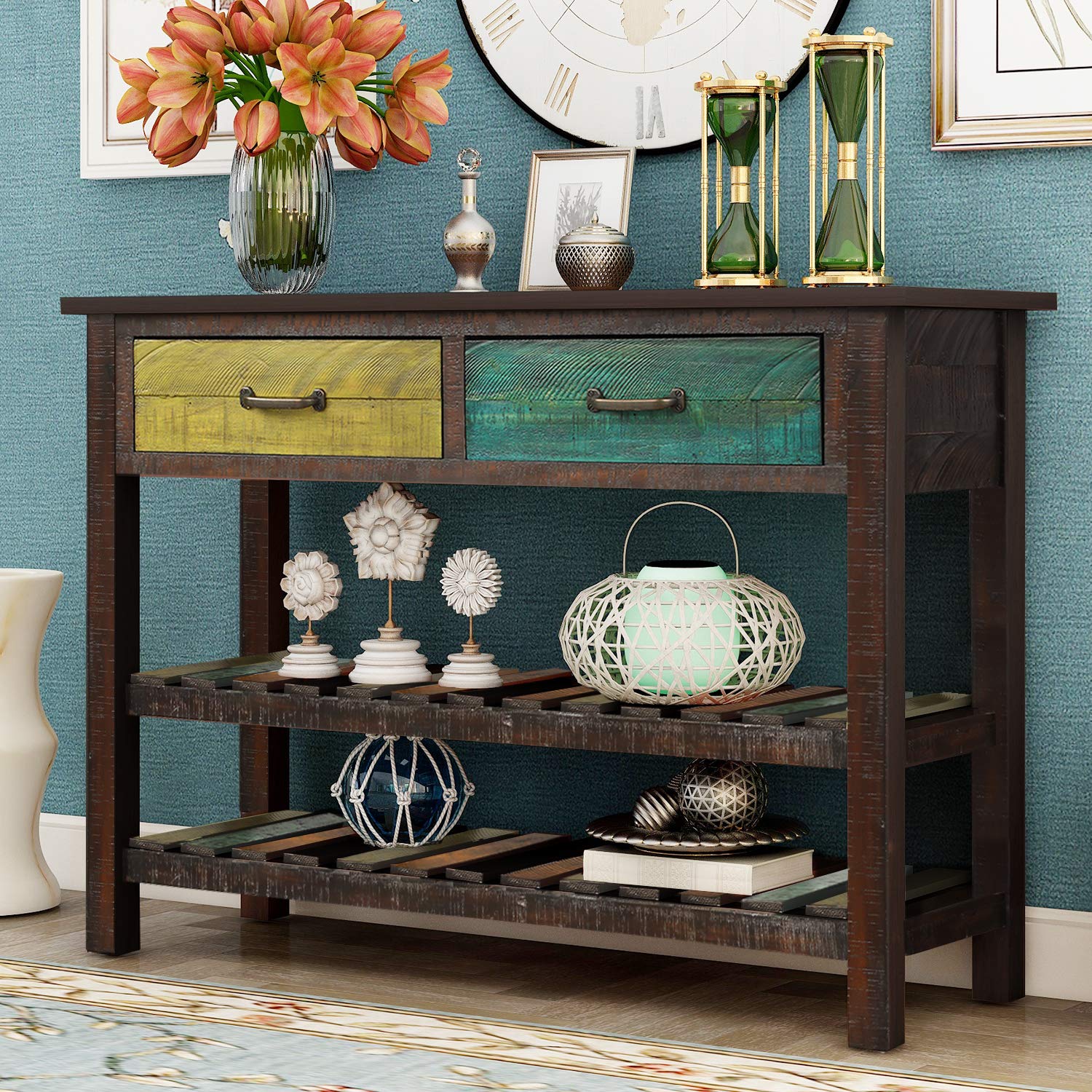 Vintage Wooden Console Table with 2 Drawers & 2 Shelves - Entryway Sofa Table, Hallway Side Table for Living Room, Bedroom & Home Decor | Perfect for Small Spaces & Apartment Entryways