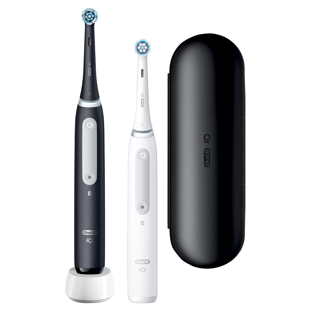 Oral-B iO Series 4 Electric Toothbrush, 2-Pack with 2 Brush Heads, 4 Cleaning Modes for Dental Care, Magnetic Technology, Travel Case, Designed by Braun - Matte Black/Quiet White | Perfect for Home & Travel Use, Ideal Gift for Families & Couples