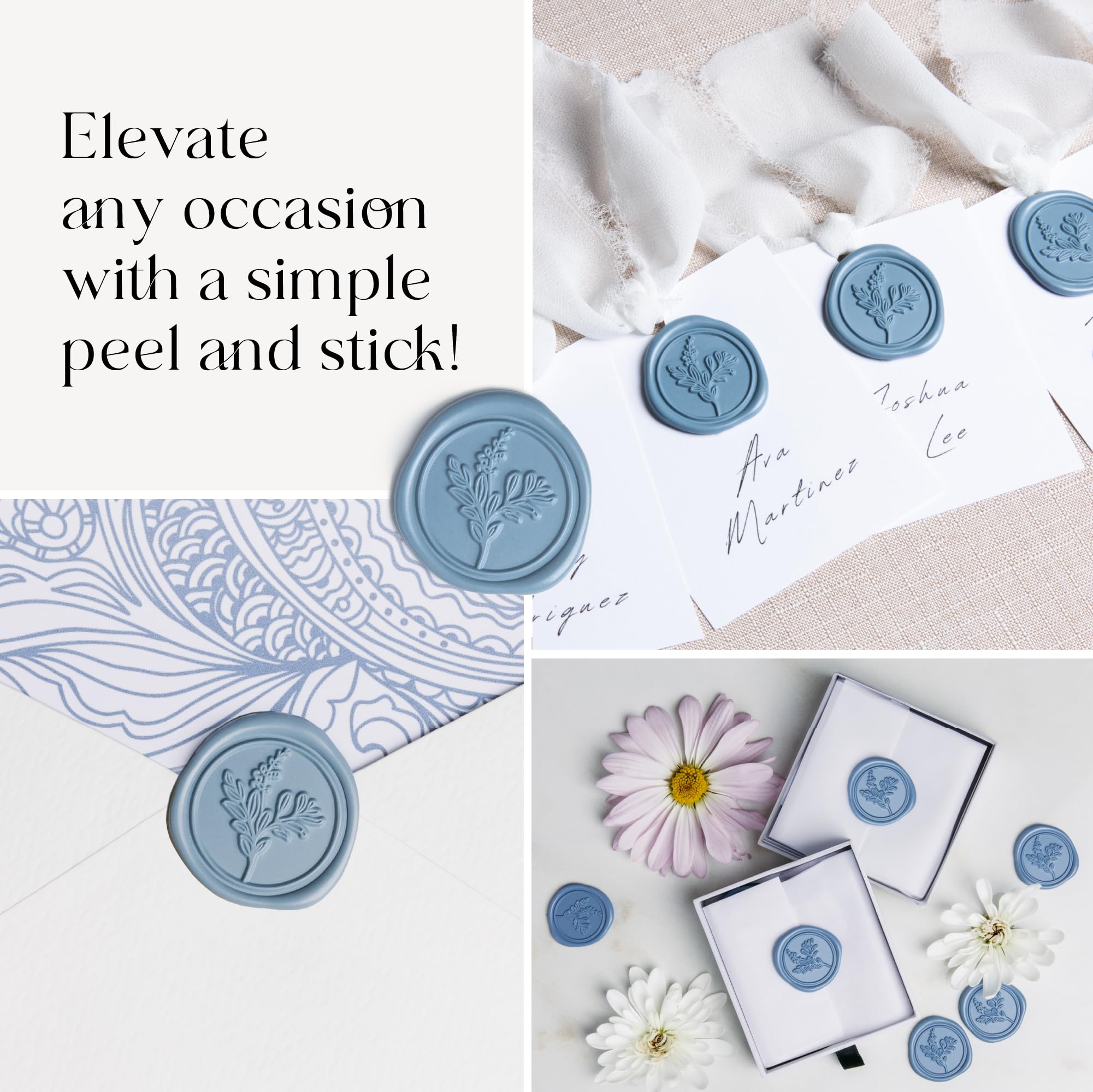 Mulberry & Ivy - 75 Pcs Premium Self-Adhesive Wax Seal Stickers for Wedding Invitations, Envelopes & Gift Wrapping - Dusty Blue Vintage Style - Perfect for DIY Crafts, Scrapbooking & Elegant Stationery