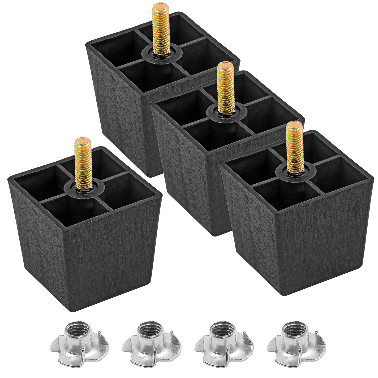 2 Inch Black Plastic Square Furniture Legs - Set of 4 M8 Replacement Feet for Sofa, Couch, Armchair, Bed, Cabinet & Desk - Mid Century Modern Style Home Decor for Living Room, Bedroom & Office