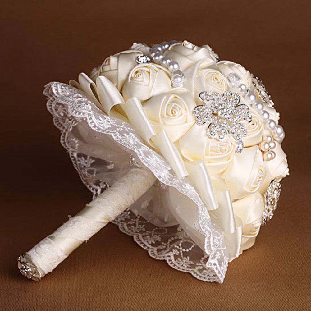 Handmade Rose Flower Wedding Bouquet with Brooch - Elegant Bridal Bouquet for Weddings, Bridal Showers & Photo Props