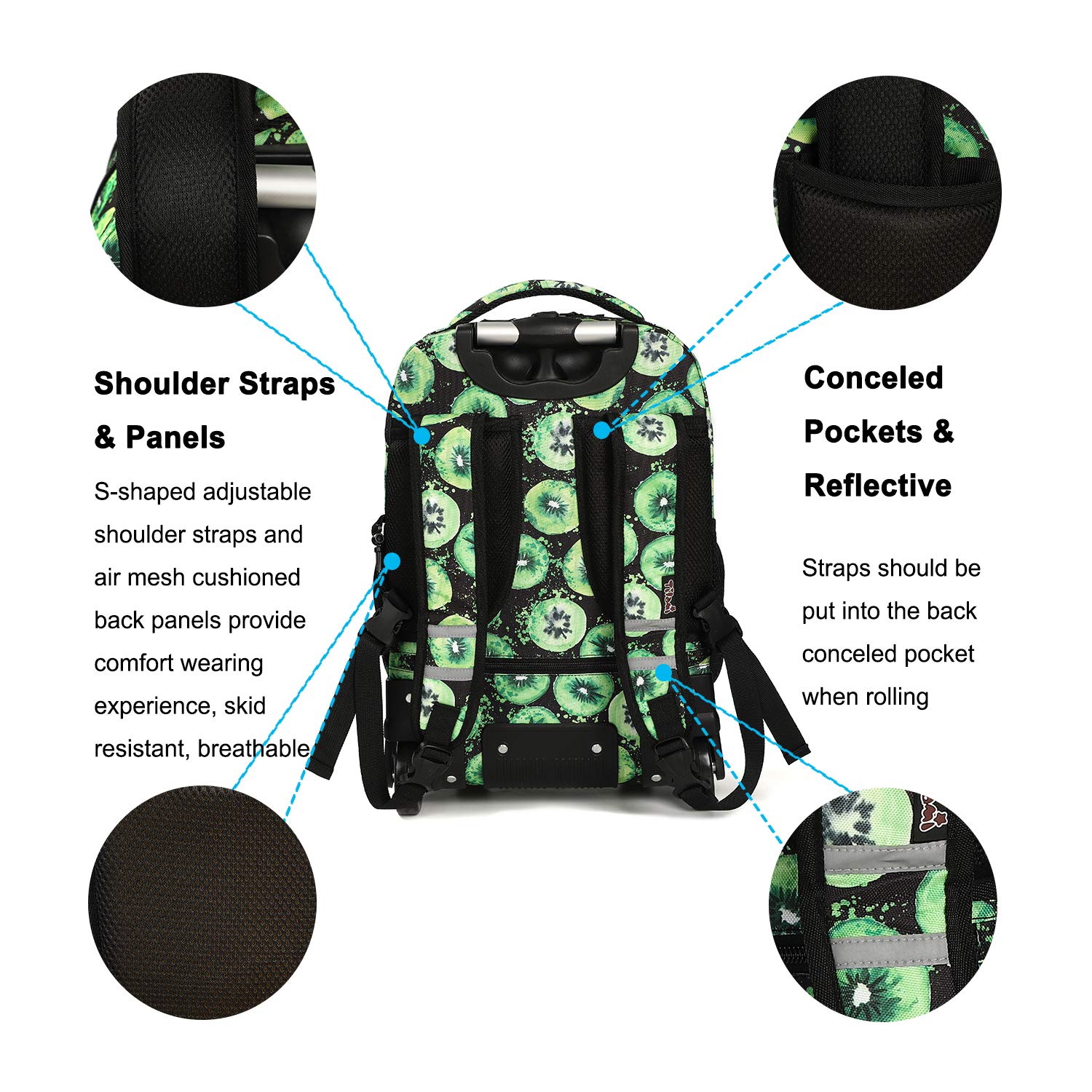 Tilami 19 Inch Rolling Backpack with Wheels - Wheeled Laptop Backpack with Detachable Lunch Bag (Kiwi Green) - Perfect for School, College, Business Travel & Commuting