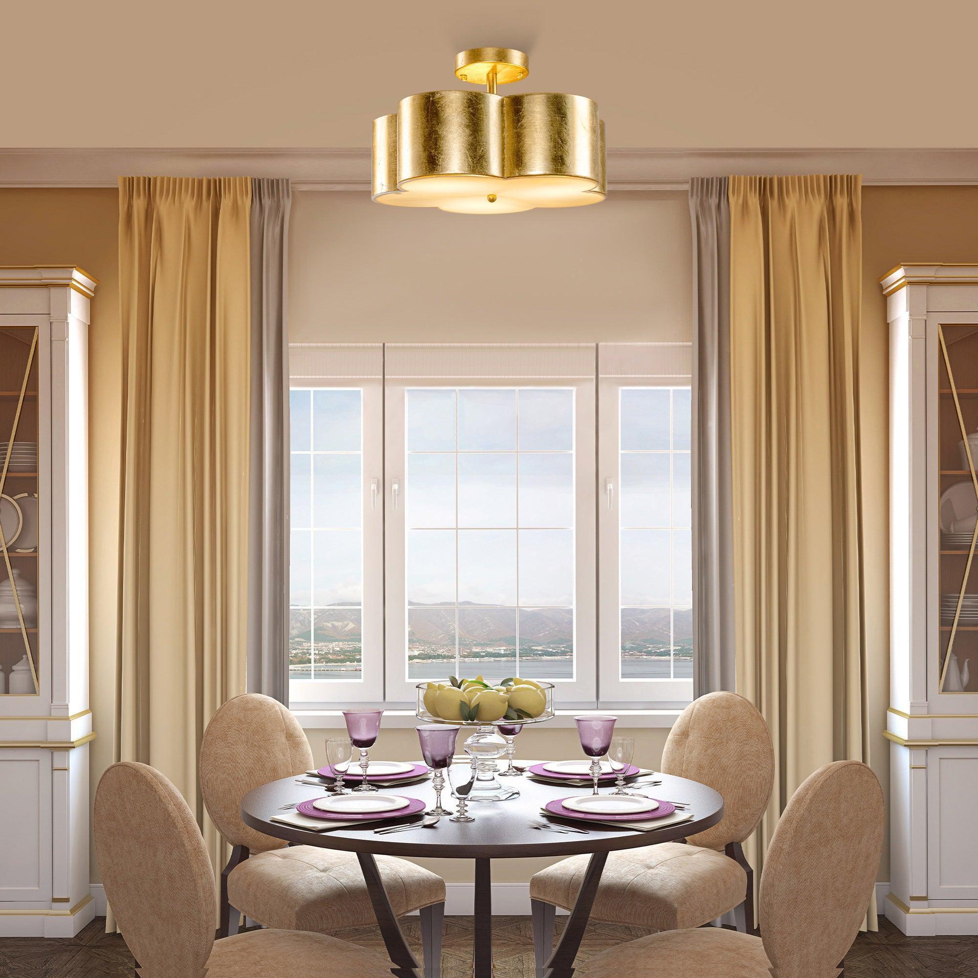 Modern Golden Semi Flush Mount Ceiling Light Fixture - 3 Lights for Bedroom, Dining Room, Living Room & Hallway Lighting