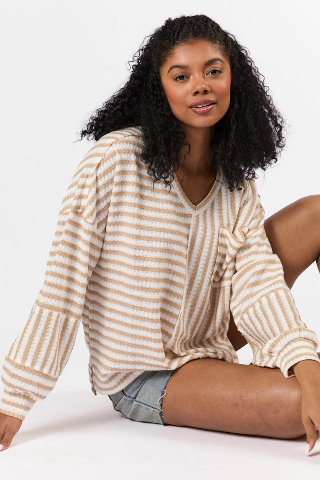 All For Sun Tan and Ivory Striped Knit V-Neck Long Sleeve Tee - Women's Casual Striped Shirt for Beach, Vacation & Everyday Wear | Final Sale