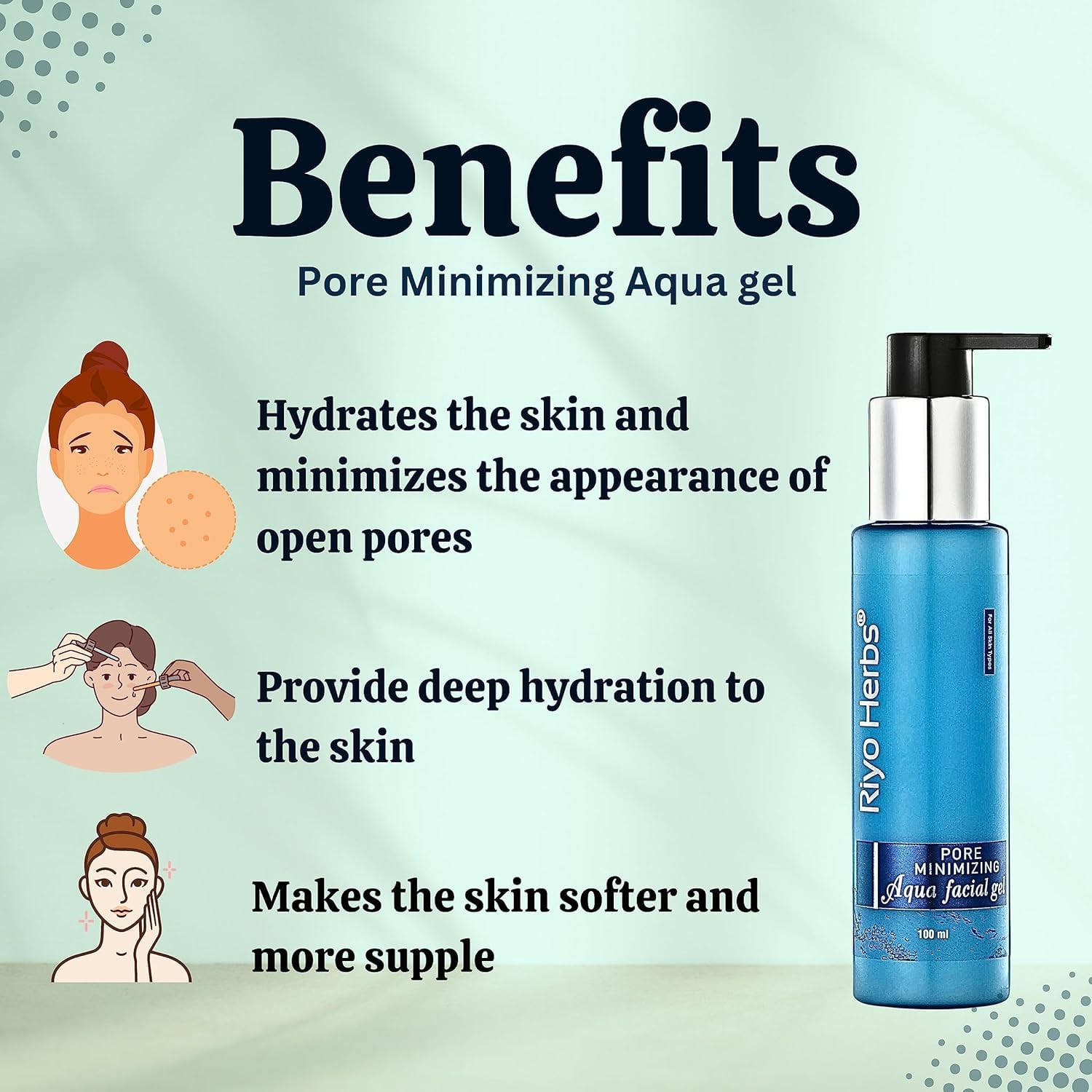 Riyo Herbs Pore Minimizing Aqua Gel - 100ml with Tea Tree Oil & Raspberry Seed Extract | Hydrating Face Moisturizer for Oily & Acne-Prone Skin | Reduces Pores & Refines Skin Texture | Perfect for Daily Skincare Routine & Post-Workout Refresh