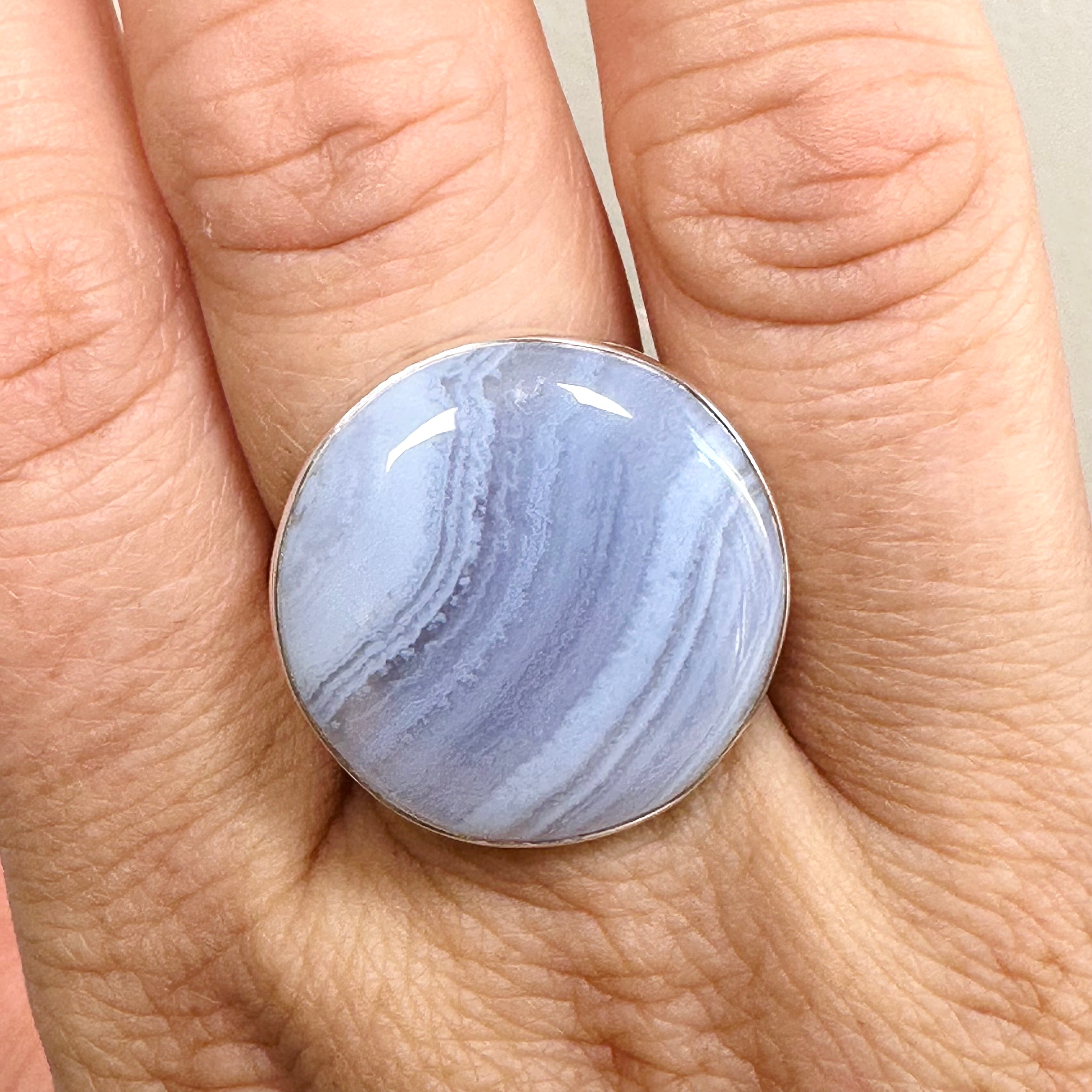 Blue Lace Agate Round Cabochon Ring - Size 11 - KRGJ3371 - Elegant Handmade Jewelry for Women, Perfect for Weddings, Parties & Everyday Wear