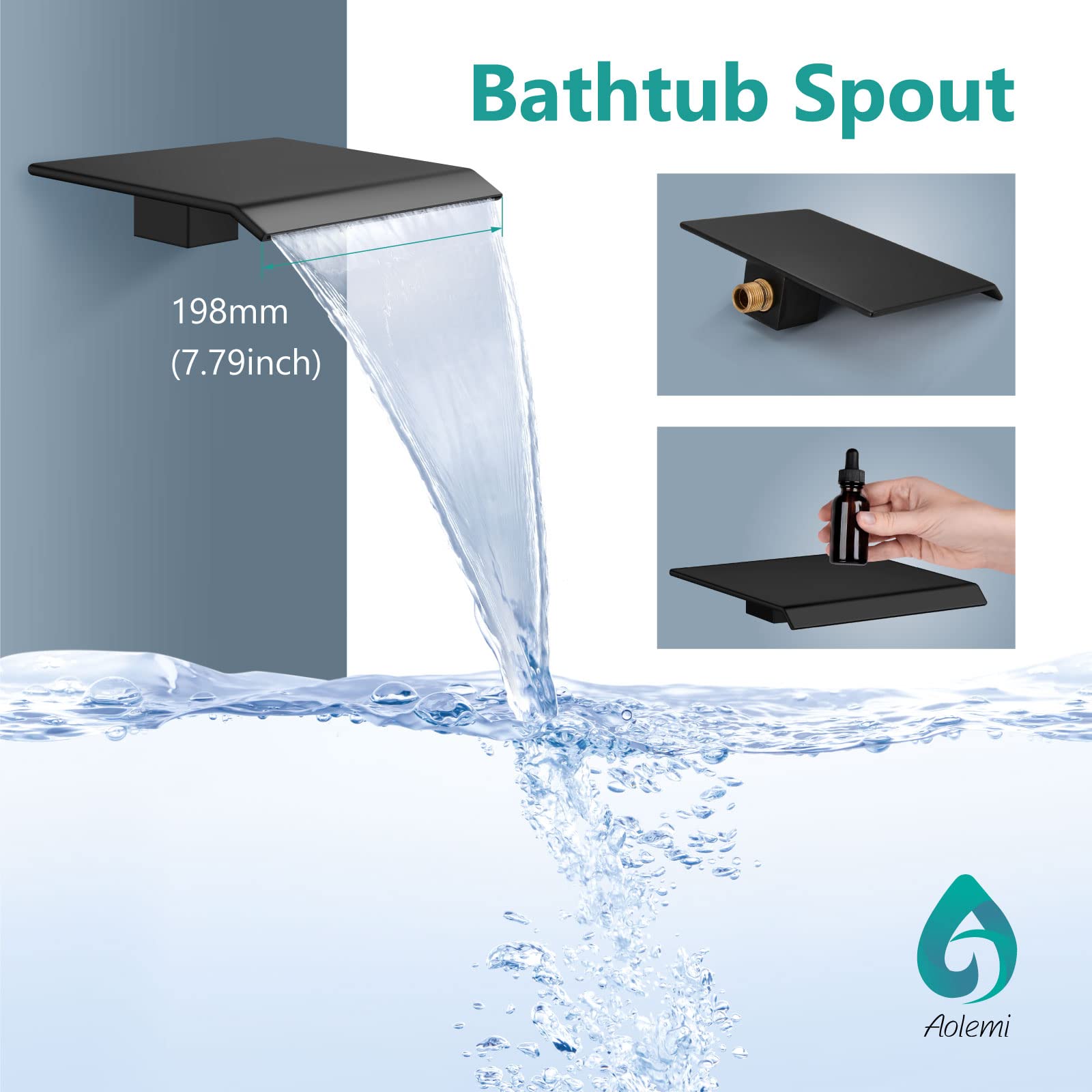 **Aolemi Matte Black Wall Mount Bathtub Faucet Set - Solid Brass Waterfall Tub Filler with Handheld Sprayer & Single Handle Rough-in Valve, Bevel Angle Spout - Perfect for Modern Bathroom & Spa Retreats**