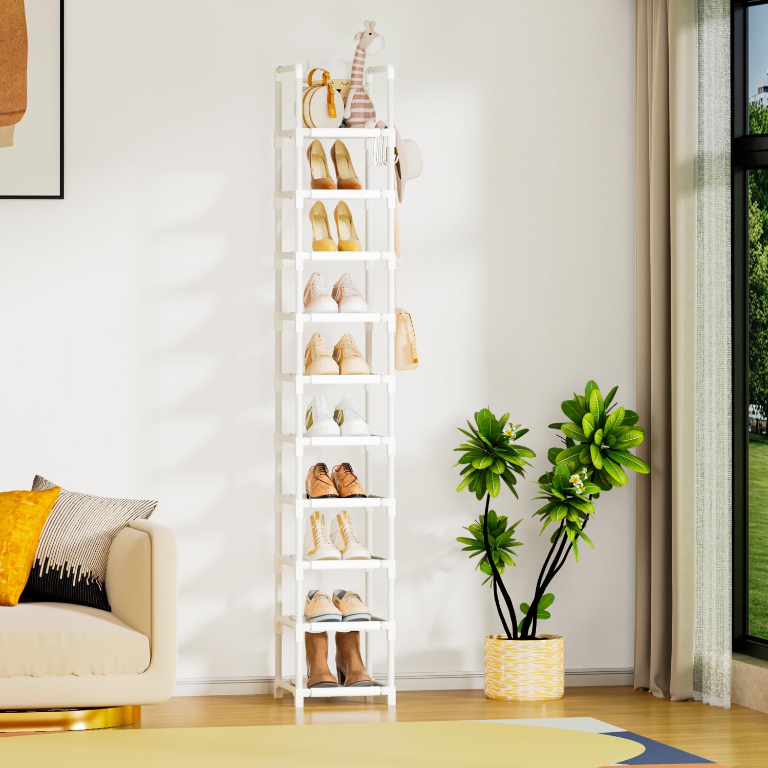 10-Tier Narrow Shoe Organizer for Closet - Tall Vertical Shoe Rack Holds 10-15 Pairs, Space-Saving Metal Shelf with 5 Hooks for Small Spaces - Perfect for Bedroom, Entryway, or Closet Organization