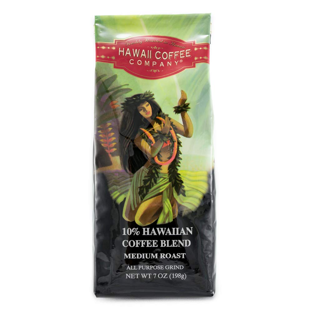 Hawaii Coffee Company Medium Roast Ground Coffee - 10% Hawaiian Blend, 7 Ounce Bag for Home Brewing & Office Use