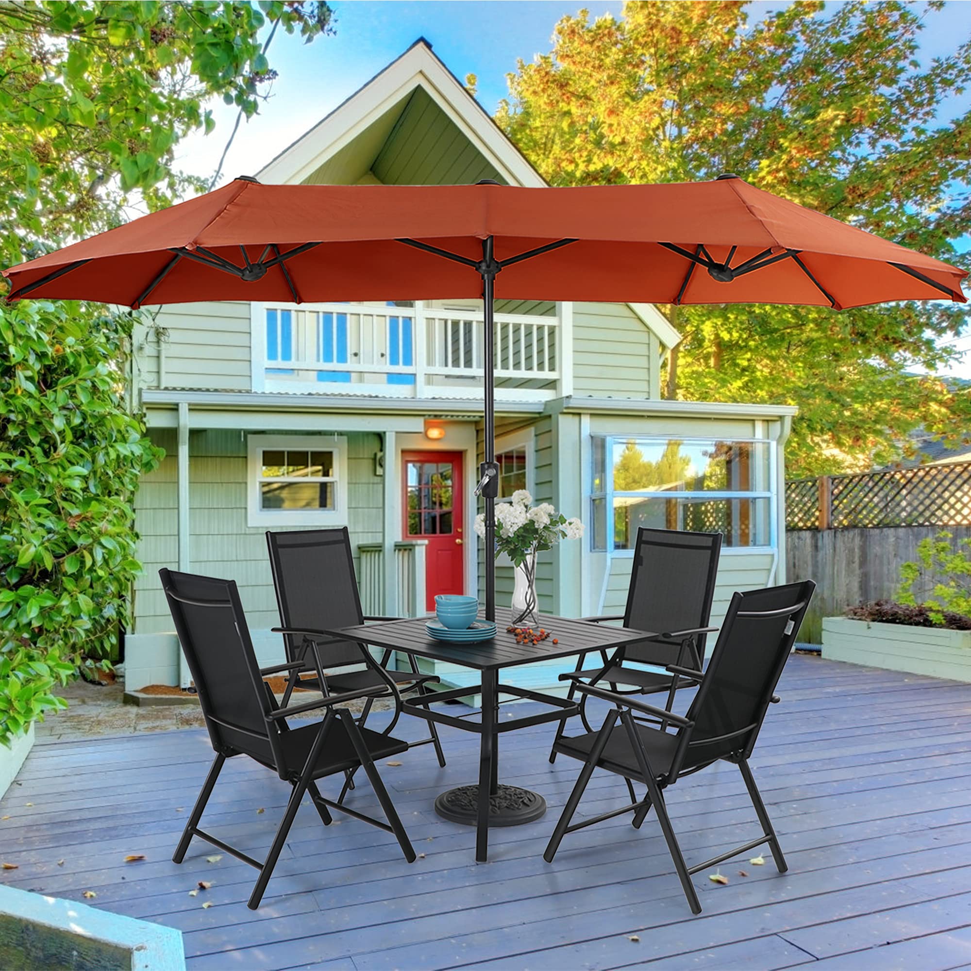 PHI VILLA 4-Piece Outdoor Patio Dining Set with Large Sun Umbrella - Folding Chairs & Weather-Resistant Table for Backyard, Garden, Poolside (Orange Red) | Perfect for Summer BBQs, Family Gatherings & Outdoor Entertaining