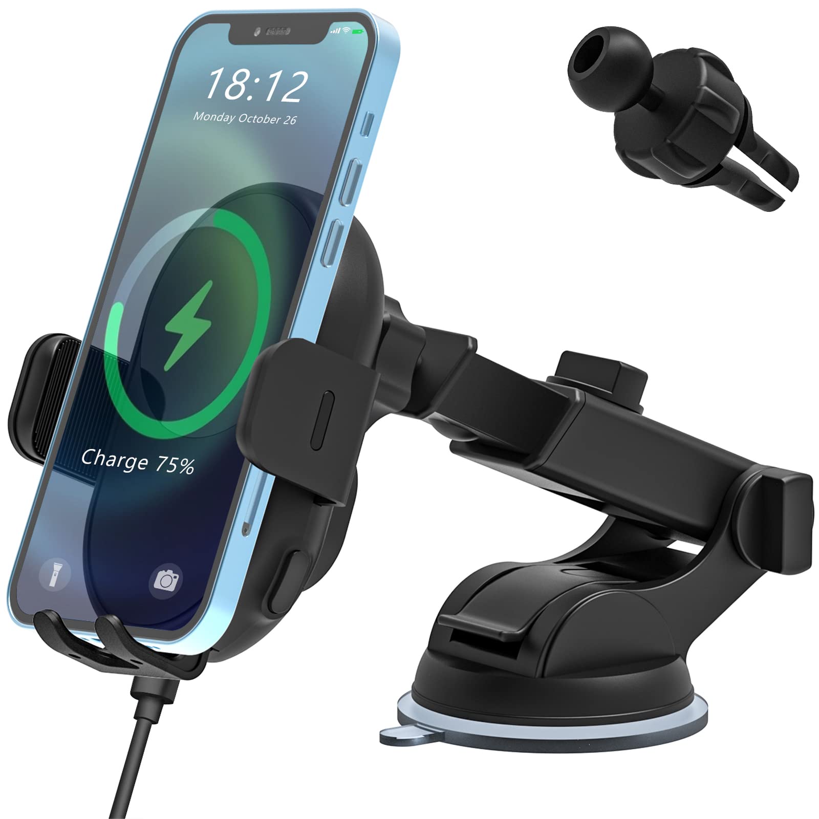 15W Qi Fast Wireless Car Charger - Auto Sensor Phone Holder with Vent & Suction Cup Mount - Compatible with iPhone 15/14/13, Samsung Galaxy S23/S22, Huawei, OnePlus - Perfect for Road Trips & Commuting