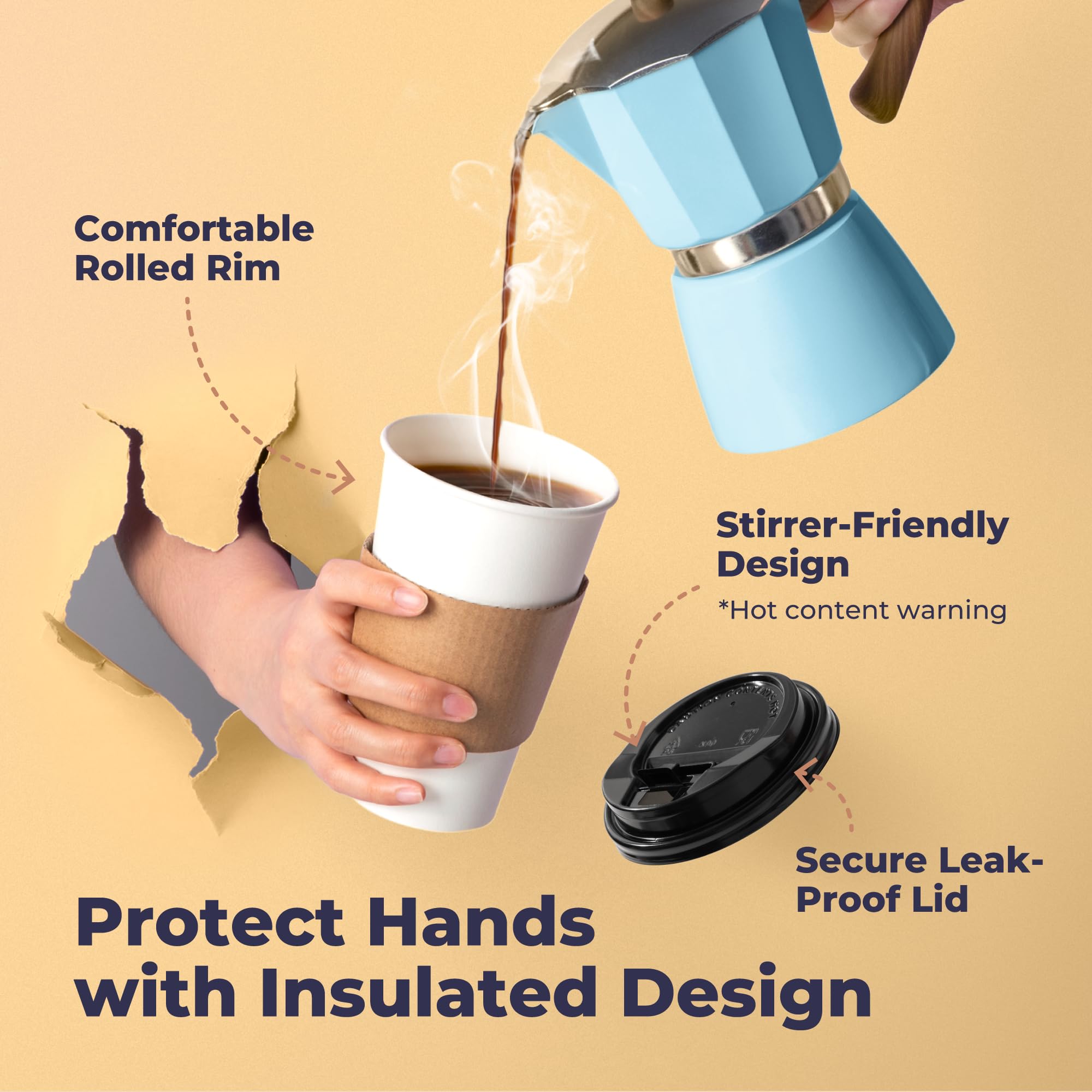 100-Pack 20oz Disposable Coffee Cups with Lids & Sleeves - Leak-Proof To-Go Paper Cups for Hot Beverages - Durable Meal Prep Cups for Coffee, Tea, Hot Chocolate - Perfect for Home, Office, Cafes, Parties & Meal Delivery Services
