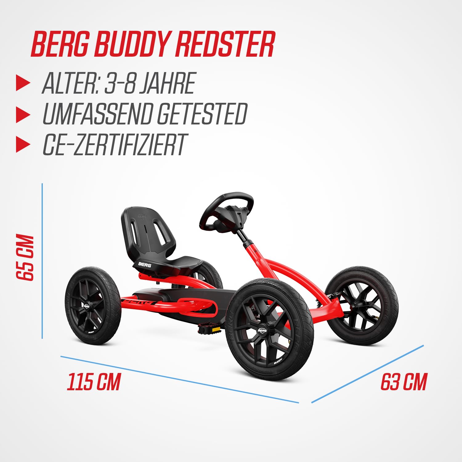 Berg Toys Buddy Redster Pedal Go Kart for Kids Ages 3-8 | Adjustable Seat BFR System | Outdoor Ride-On Toy | Perfect for Backyard Play, Birthday Gifts & Family Fun (Red)