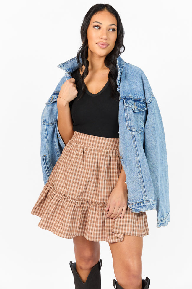 Happy & Plaid Brown Skort for Women - Comfortable Stretchy Tennis Skirt with Pockets | Perfect for Golf, Running, Yoga & Casual Wear