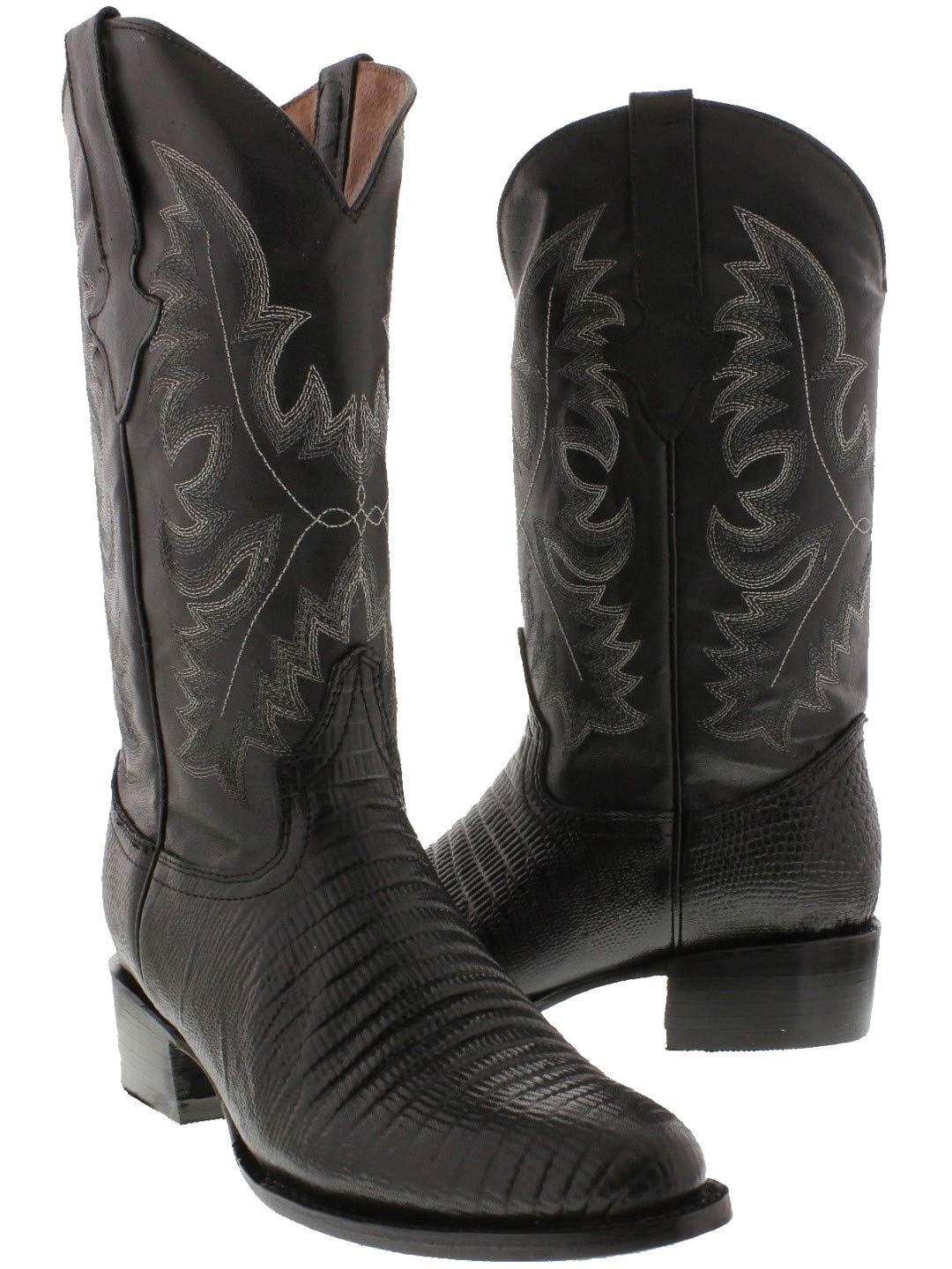 Men's Black Western Leather Cowboy Boots - Teju Lizard Print Round Toe - Perfect for Country Dancing, Rodeos & Western Fashion