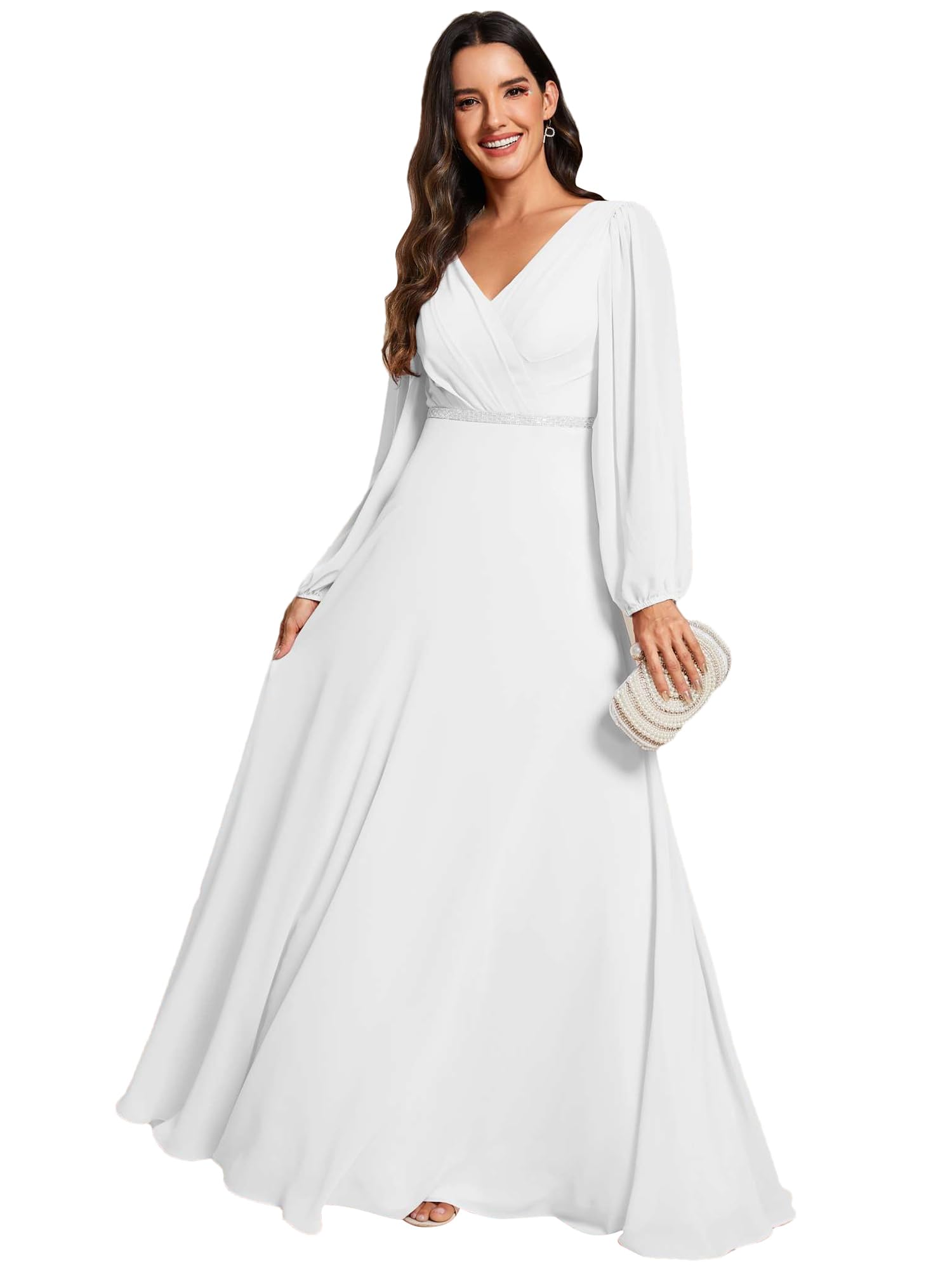 Ever-Pretty Women's Formal Long Sleeve V-Neck Beaded Empire Waist A-Line Floor Length Dress for Wedding Guest, Evening Gala & Special Occasions - Style 01981