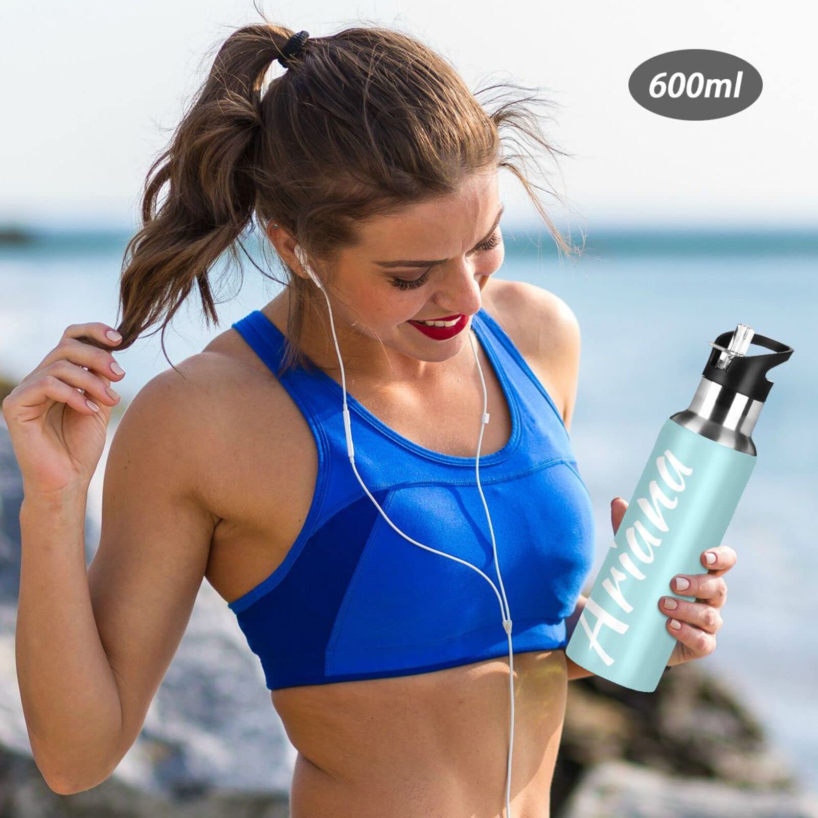 Custom 20oz Insulated Vacuum Water Bottle with Straw Lid - Personalized Blue Sports Bottle for Hiking, Gym & Outdoor Activities | Leakproof & Durable
