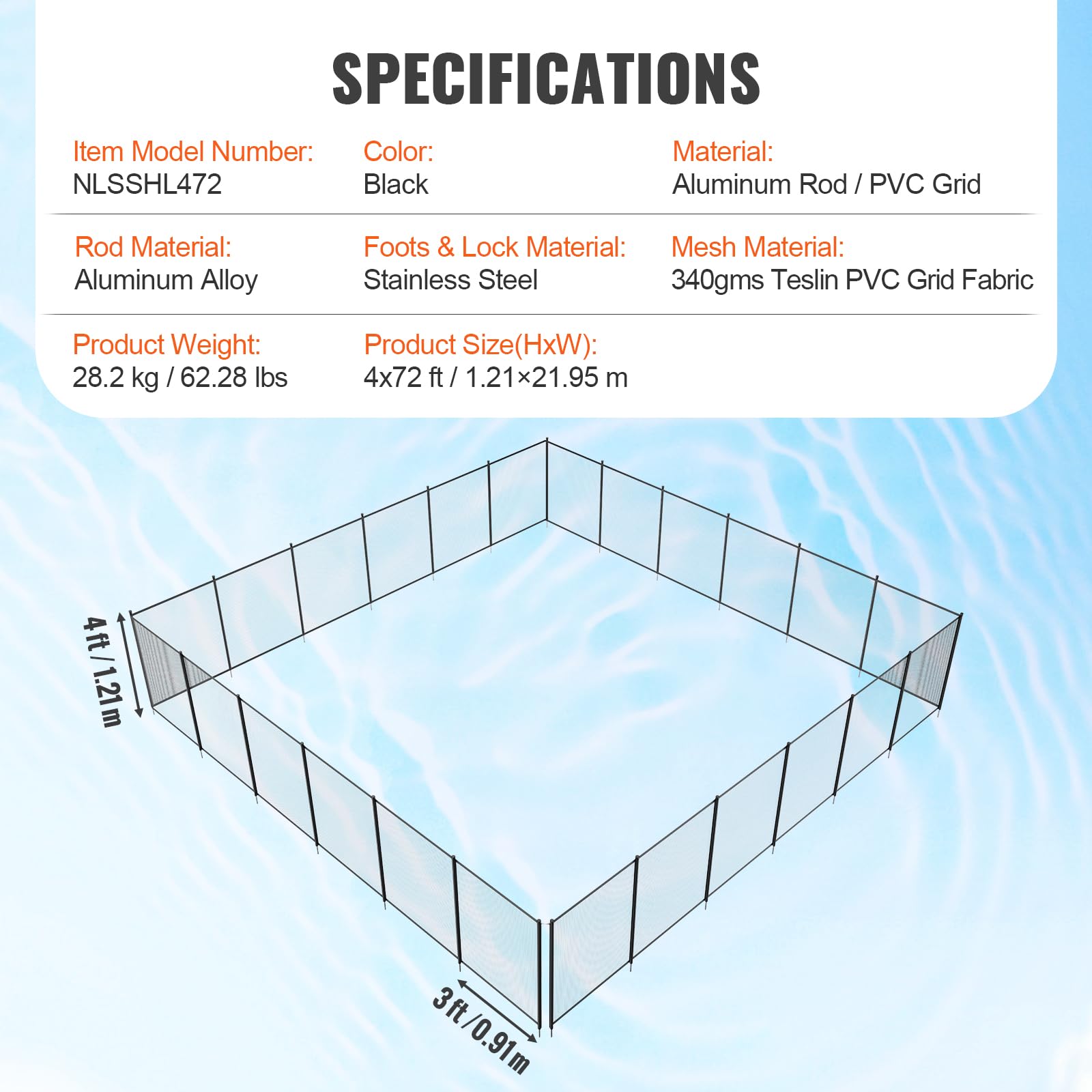 VEVOR 4x72 FT Removable Safety Pool Fence for Inground Pools - Heavy Duty 340g Teslin PVC Mesh, Easy DIY Installation, Child & Pet Protection - Perfect for Backyard, Residential, and Commercial Swimming Pool Safety