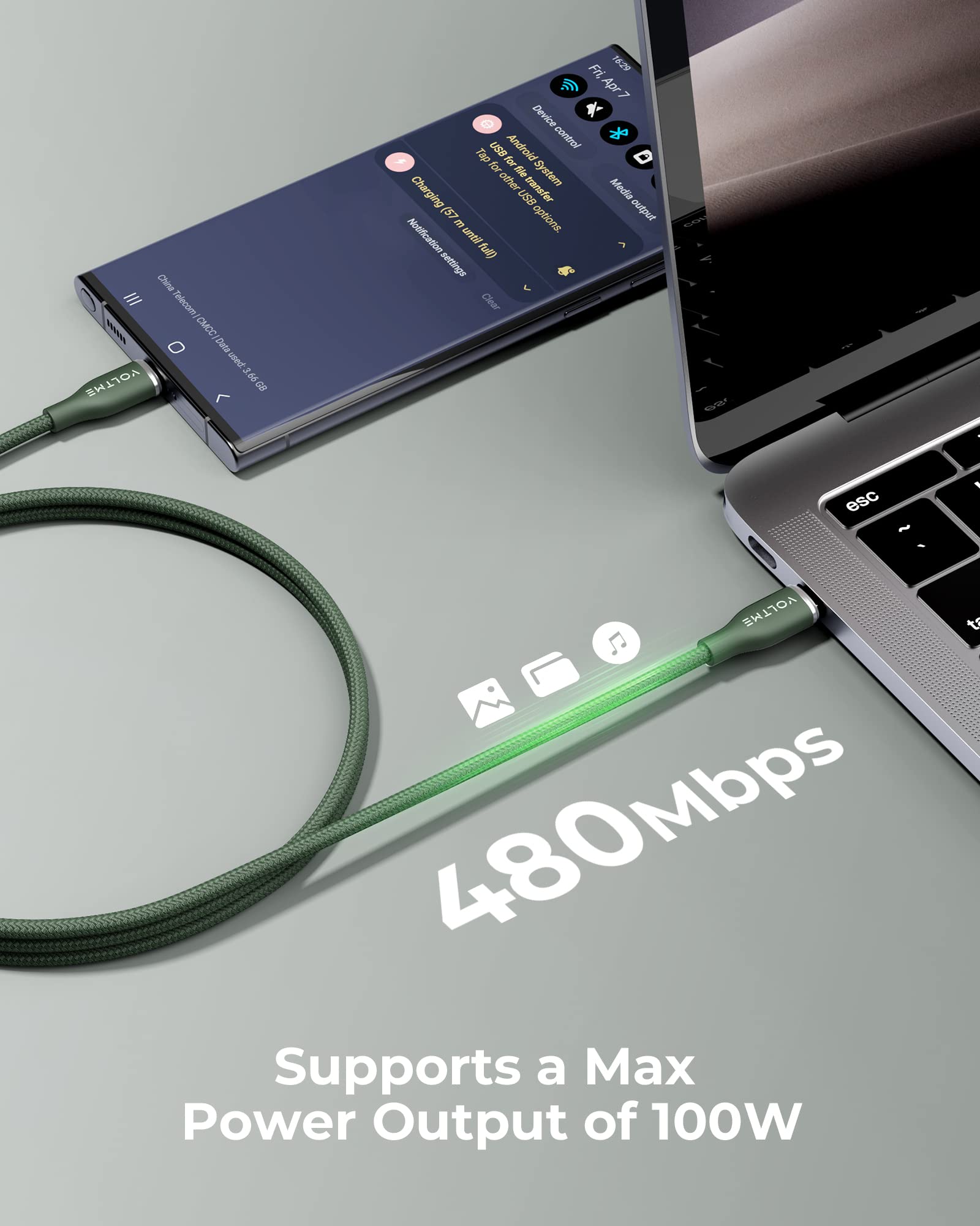 VOLTME 6ft 100W USB C to USB C Cable (2-Pack) - Fast Charging Nylon Braided Type C Cable for MacBook Pro 2020, iPad Pro 2021, Galaxy S22, Pixel, Nintendo Switch - Perfect for Home, Office & Travel Charging - Green