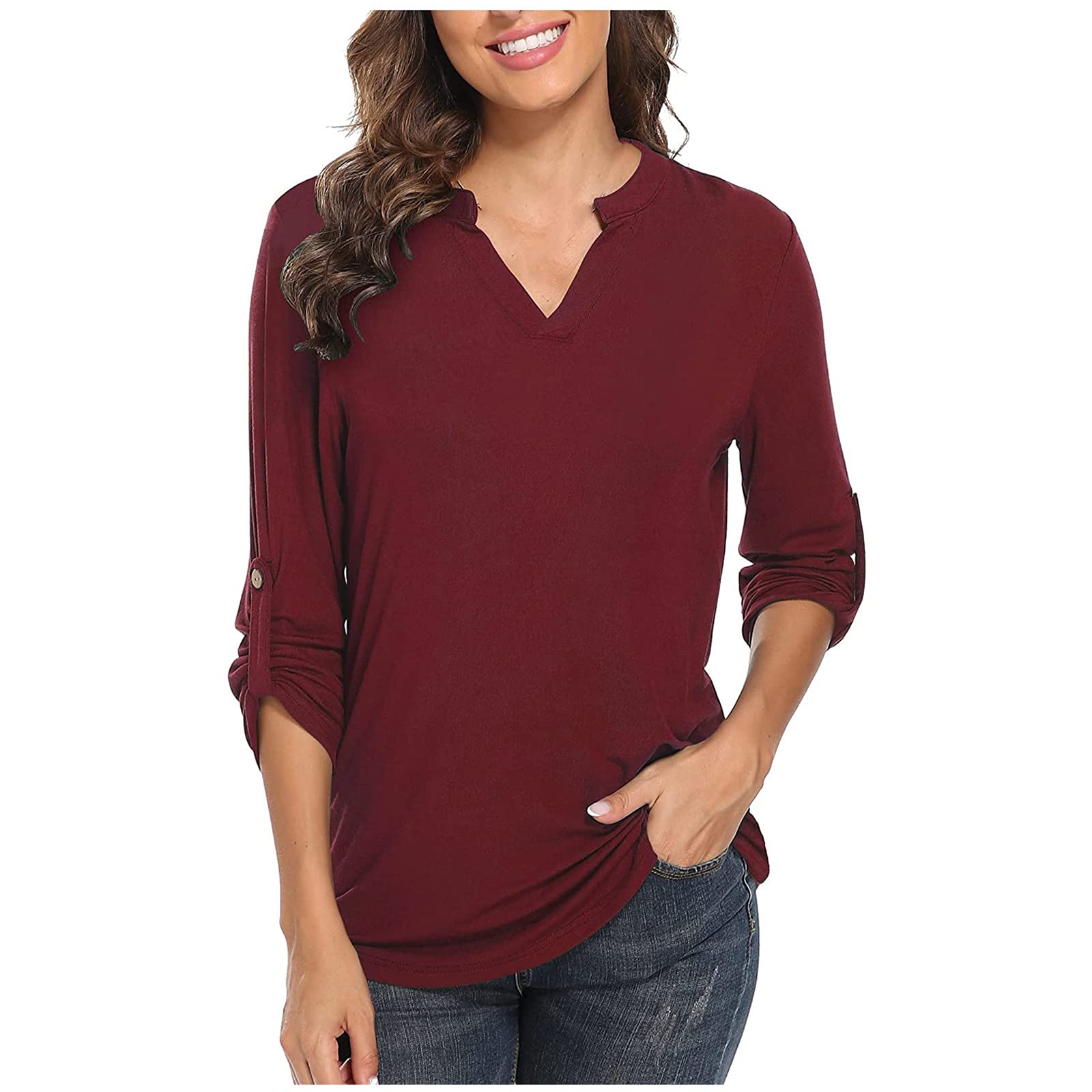 Women's Business Casual V-Neck Chiffon Blouse - Professional Work Tunic Top with Cuffed Sleeves for Office, Interview & Formal Occasions