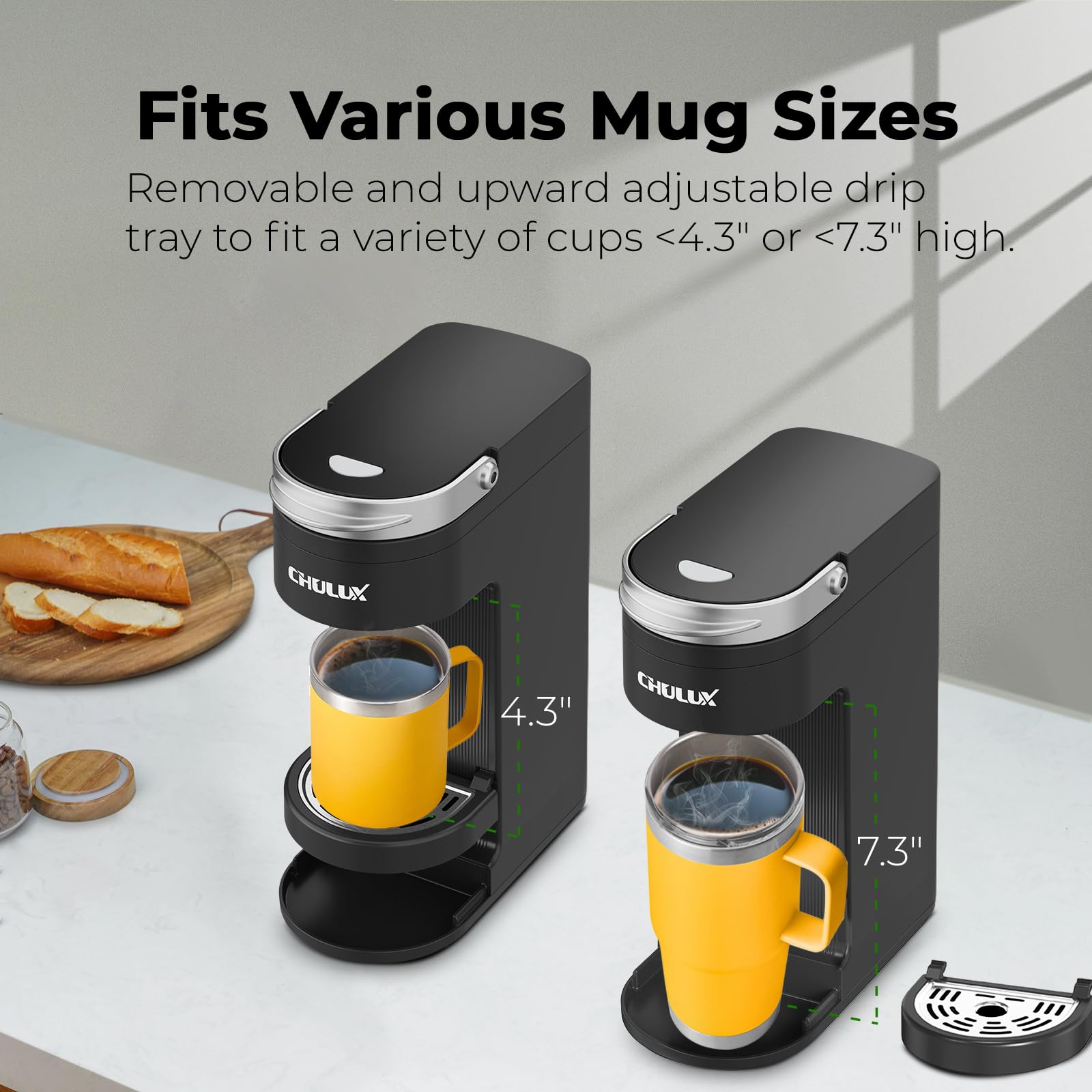 CHULUX Slim Single Serve Coffee Maker for K-Cups - Compact One Cup Coffee Machine Fits 7.3