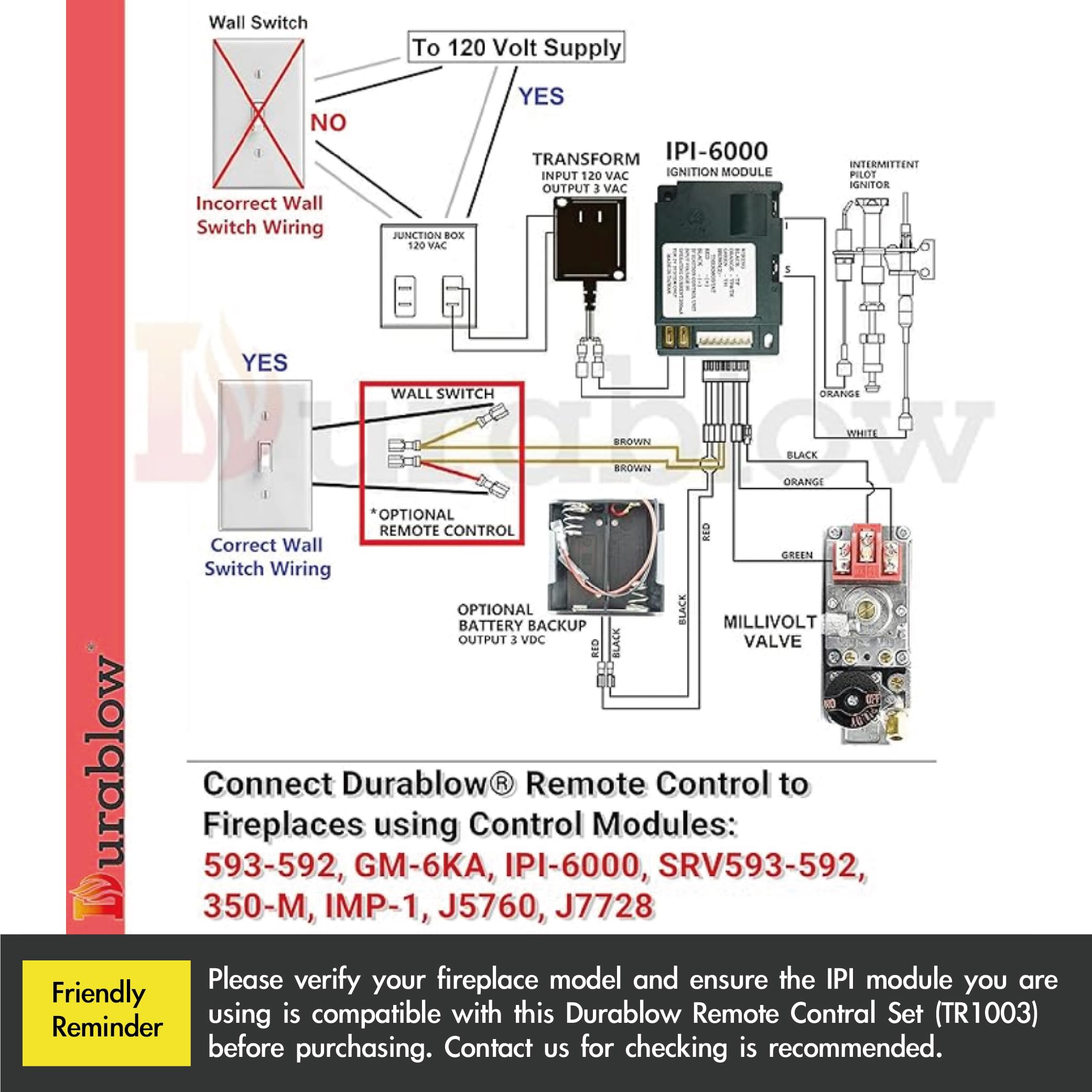 Durablow TR1003 Gas Fireplace Remote Control Kit with LCD Screen - On/Off, Thermostat & Timer for Millivolt Valve & IPI Module | Replaces Wall Switch | Perfect for Home Heating & Fireplace Automation