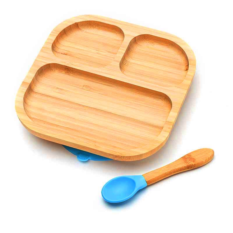Non-Slip Bamboo Suction Plate for Toddlers - Cute Baby Dish with Strong Suction, BPA-Free Dinnerware for Kids (Blue) - Perfect for High Chairs, Travel & Mess-Free Meals