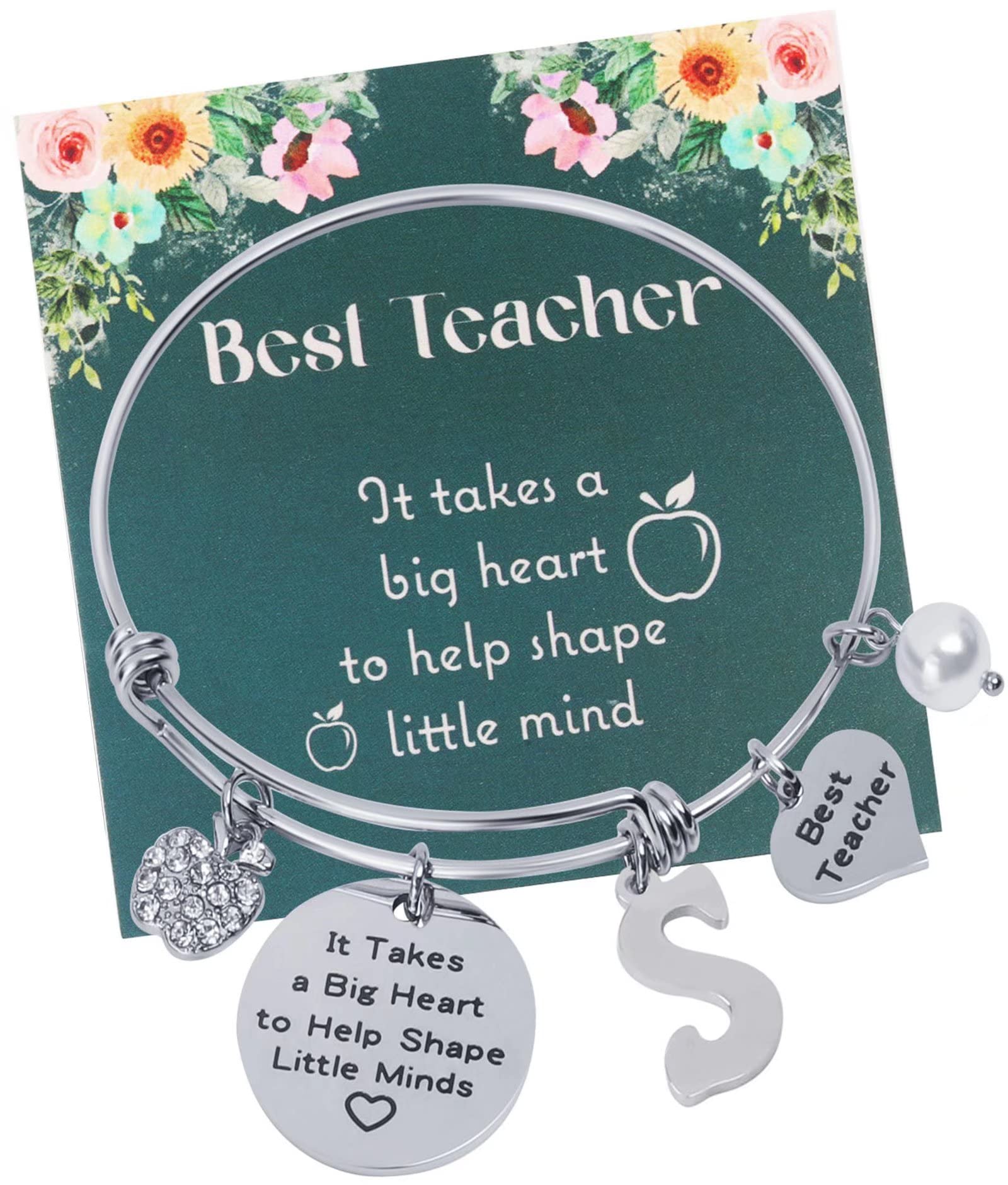 Personalized Heart Bangle Bracelet for Women - Custom Initial Teacher Appreciation Gift - Best Teacher Ever Jewelry for Back to School, Christmas & Teacher's Day - Perfect for Classroom, Graduation & Thank You Gifts
