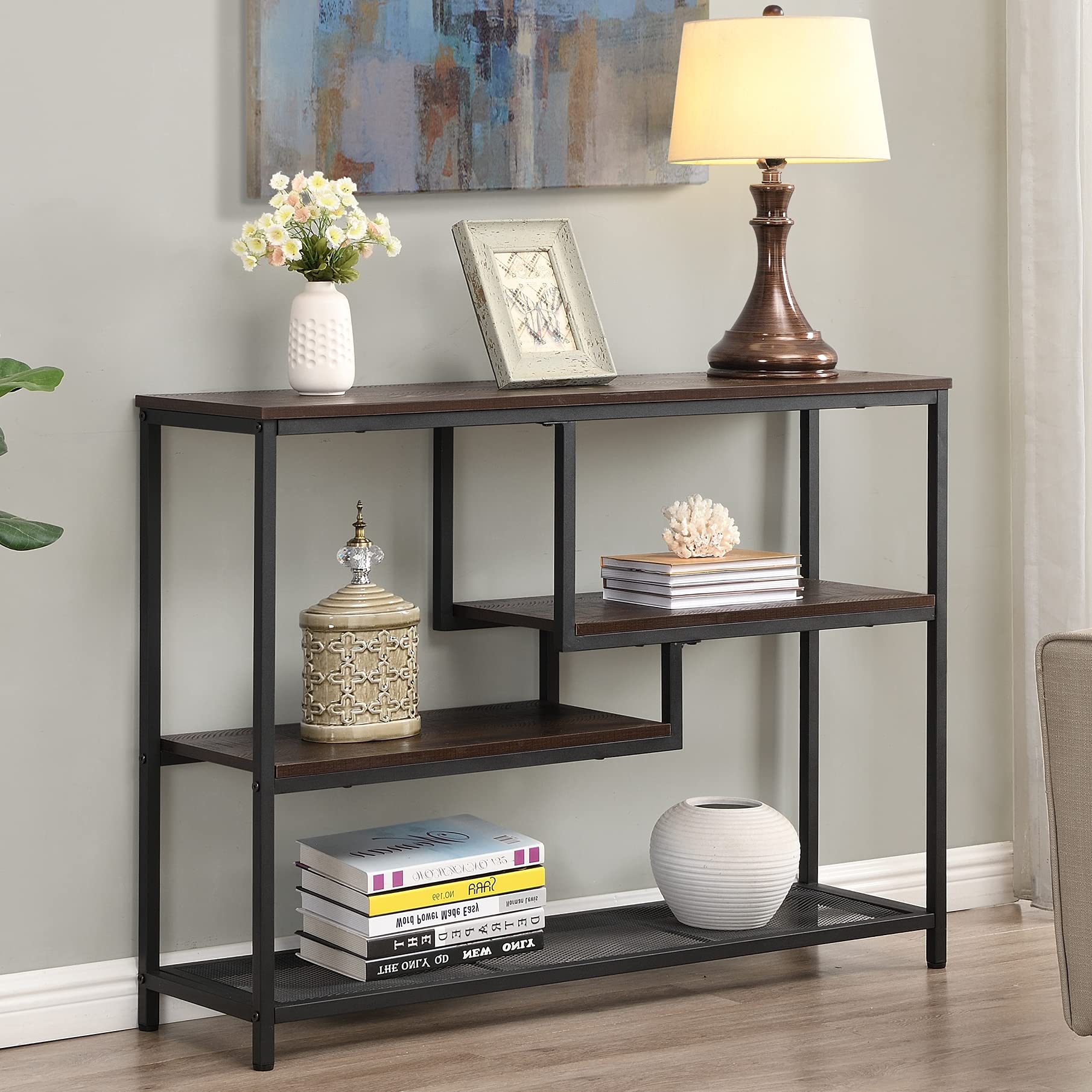 Narrow Console Table with Storage Shelves - Industrial Espresso Entryway Hallway Table for Living Room, Bedroom & Small Spaces | Perfect for Home Decor & Organization