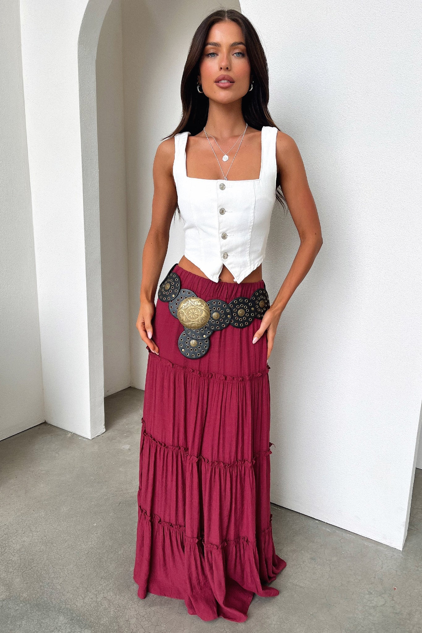 Dunne Maxi Skirt for Women - Burgundy Red Long Flowy Skirt with Elastic Waistband | Perfect for Casual Wear, Beach Vacations & Boho Outfits