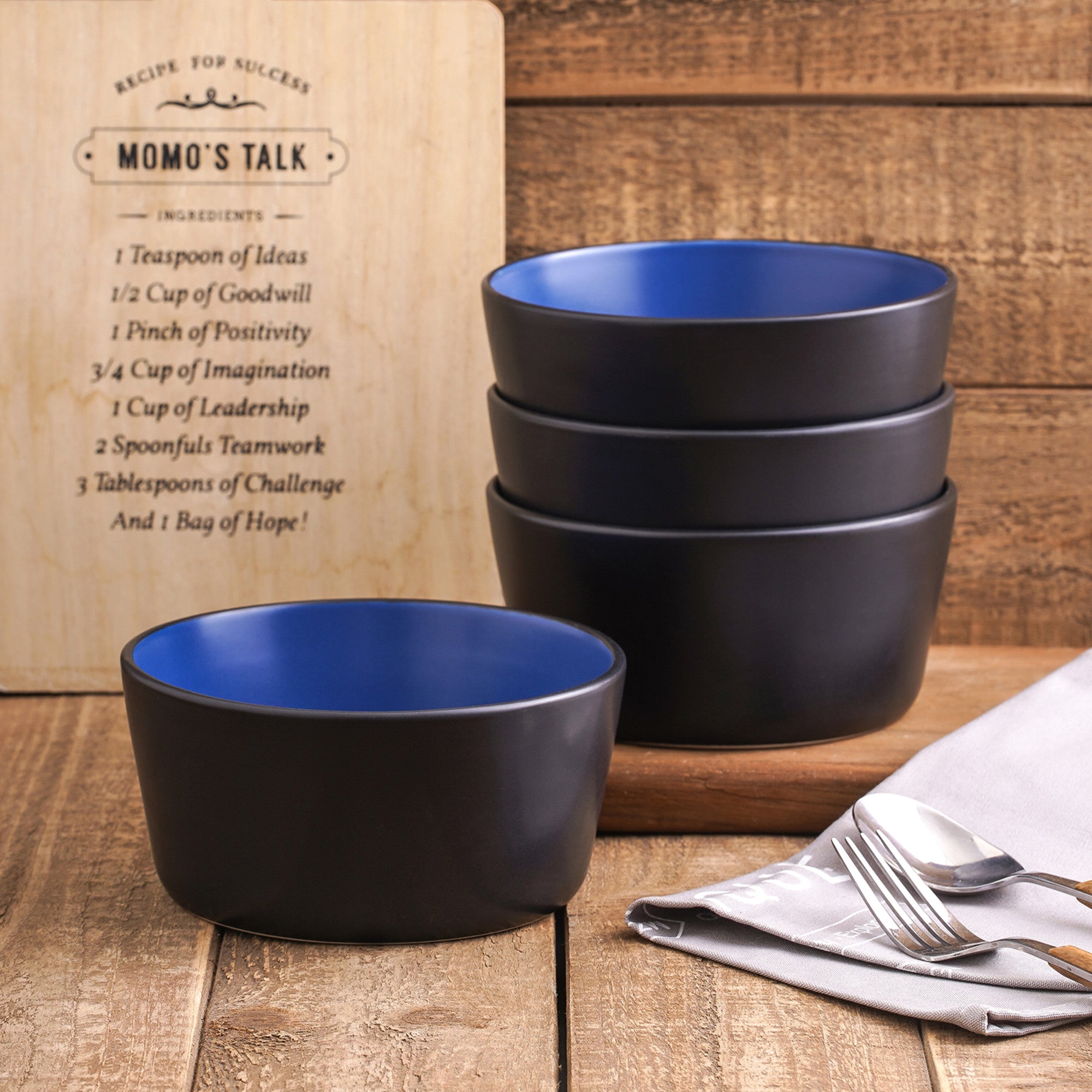 Premium Albie Stoneware Bowl - Blue & Black Ceramic Serving Dish for Soup, Salad, Pasta & Desserts | Microwave & Dishwasher Safe