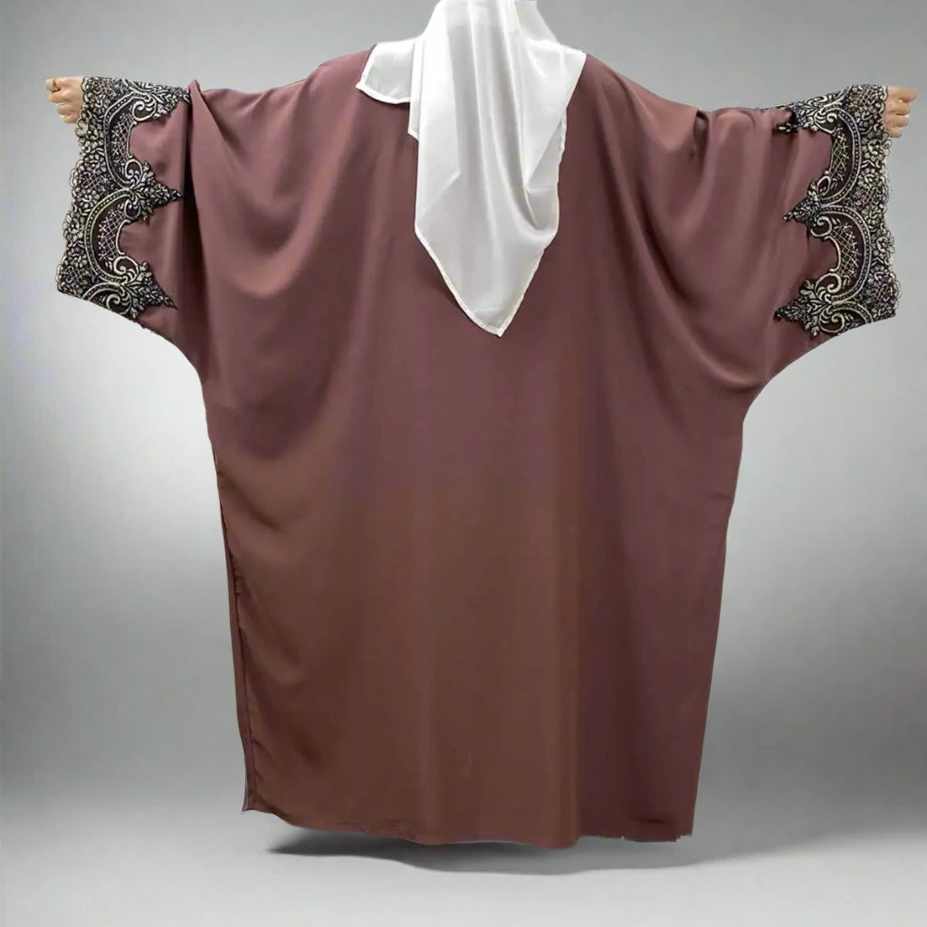 Elegant Lace Batwing Sleeve Muslim Women's Cardigan Farasha Open Abaya Dress - Modest Islamic Fashion for Prayer, Eid & Special Occasions