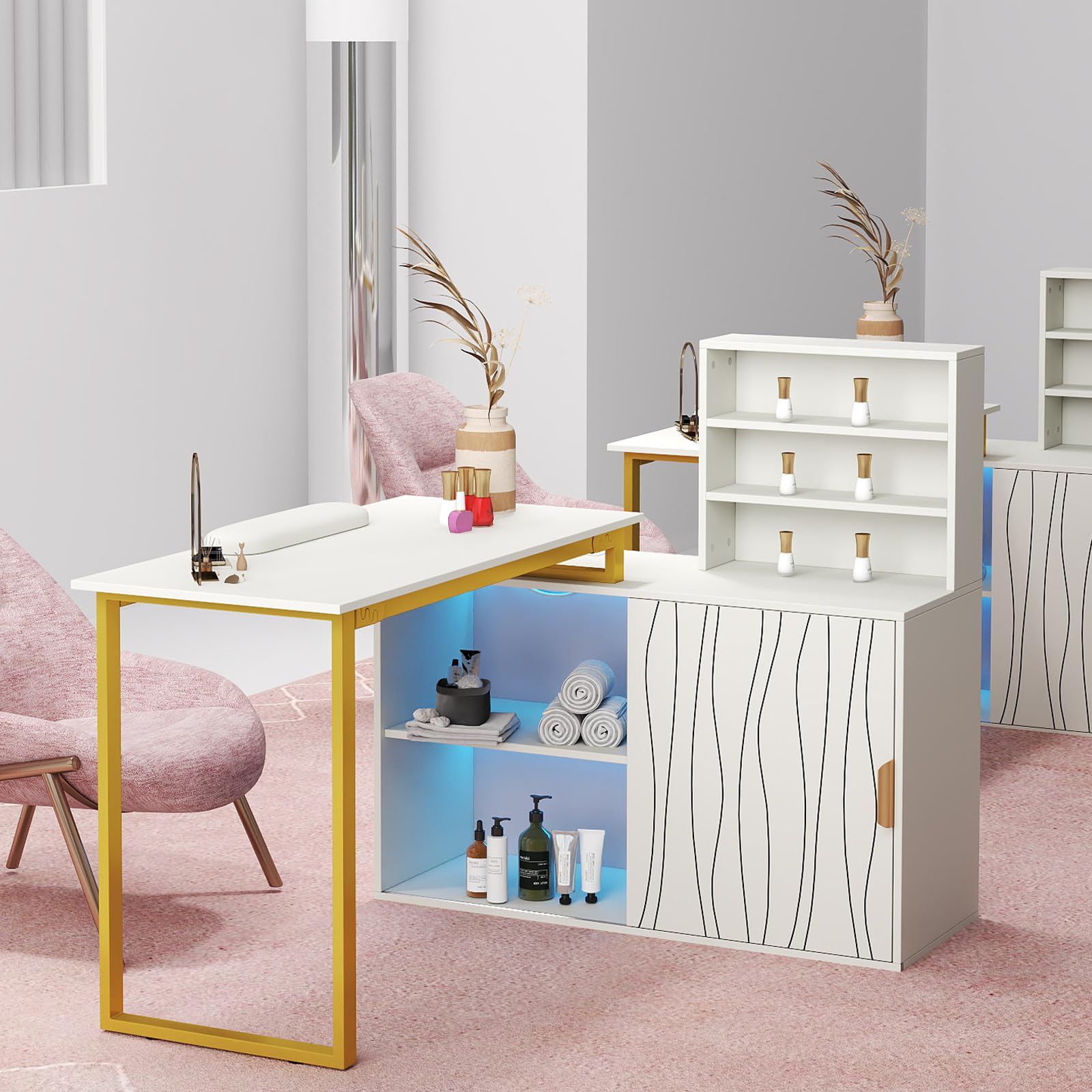 Professional Manicure Table with Remote Control LED Light & USB Ports - White Salon Nail Station with Open Shelves & Sliding Door Cabinet - Perfect for Nail Artists, Home Salons & Spa Businesses