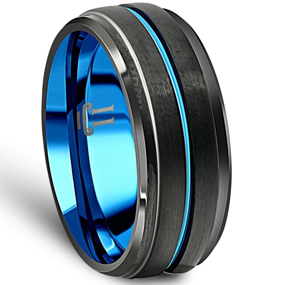 Men's Black & Blue Tungsten Wedding Band - Brushed Beveled Step Cut Ring for Men - Durable & Scratch Resistant - Perfect for Engagement, Anniversary & Everyday Wear