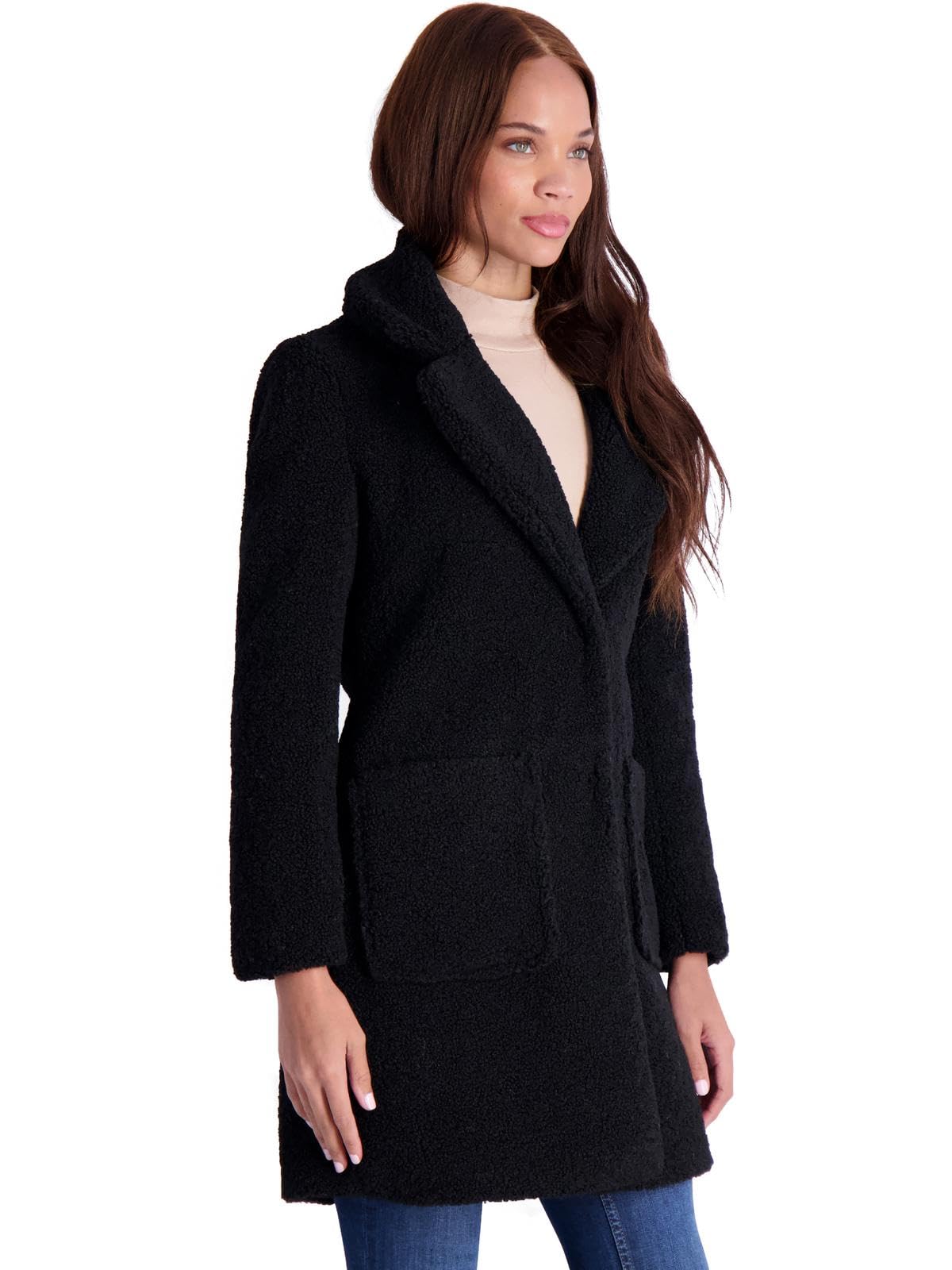 French Connection Women's Faux Shearling Teddy Lapel Midi Coat - Warm Winter Jacket for Casual Outings & Date Nights