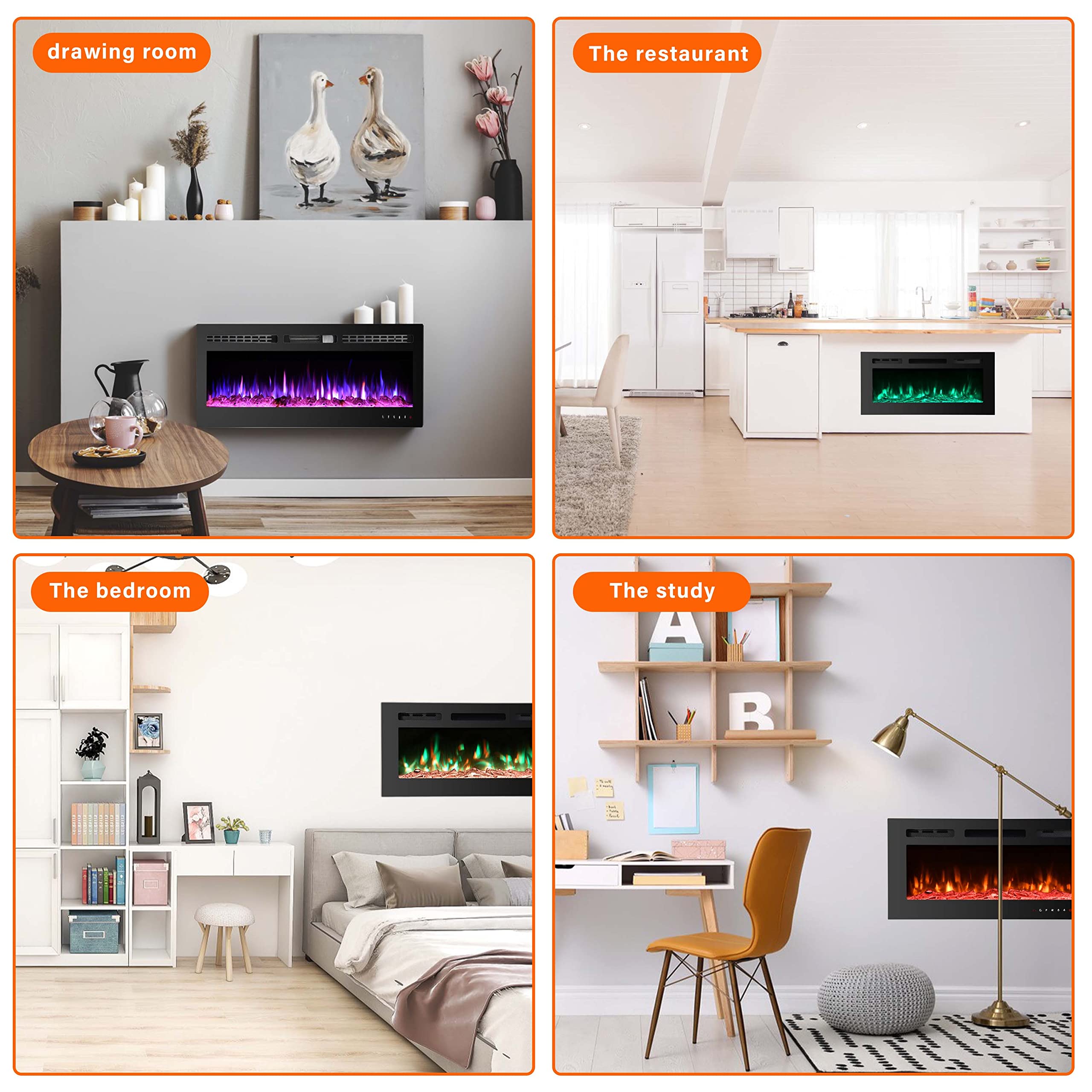60 Inch Electric Fireplace Insert - Wall Mounted Fireplace with 12 Flame Colors, Remote Control & Timer - Perfect for Living Room, Bedroom, and Office Heating
