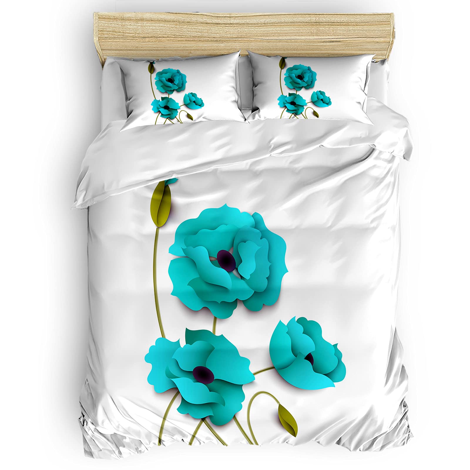 Ocean Party Duvet Cover King Size - Turquoise Poppy Flower Comforter Set with Flat Sheet & Pillowcases (4pc) | Coastal Bedroom Decor for Beach House & Summer Home Styling