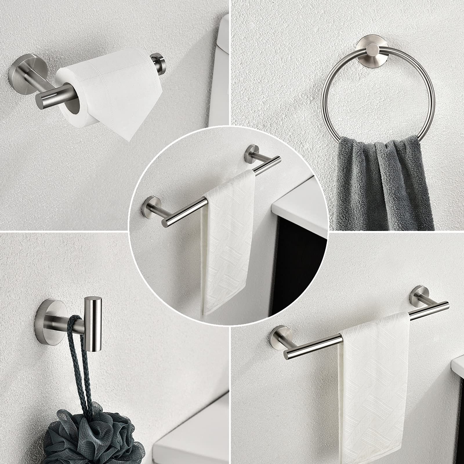 6-Piece Stainless Steel Bathroom Towel Rack Set - Wall Mounted Towel Bar, Towel Ring, Toilet Paper Holder & Robe Hook in Brushed Nickel - Perfect for Modern Bathrooms, Guest Rooms & Spa-Style Decor