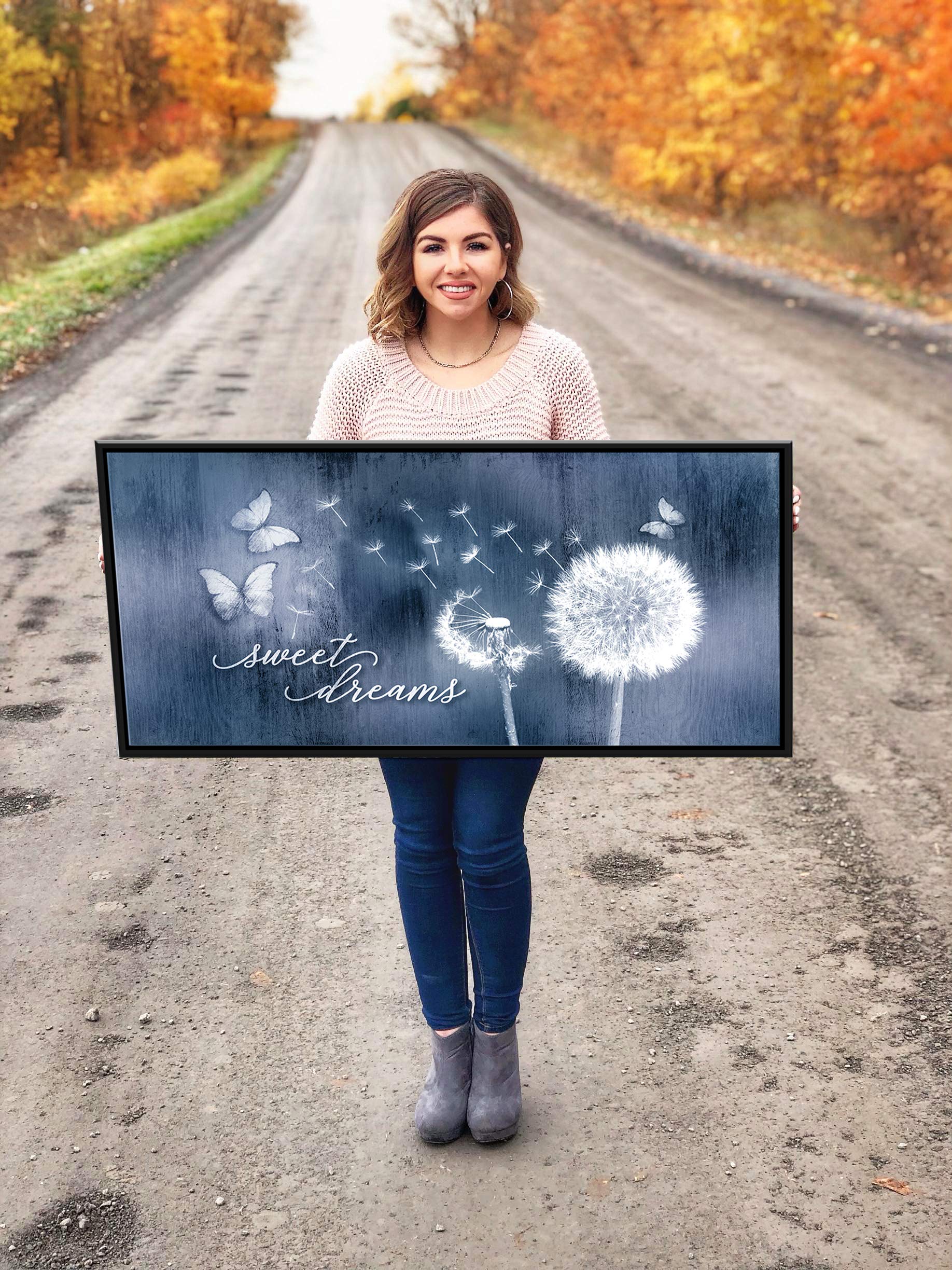 Sweet Dreams Dandelion Wall Art - Large Floating Frame Bedroom Decor (42x19 Inches, Blue/Black) | Modern Master Bedroom Wall Decor, Above Bed Artwork for Home & Office Spaces