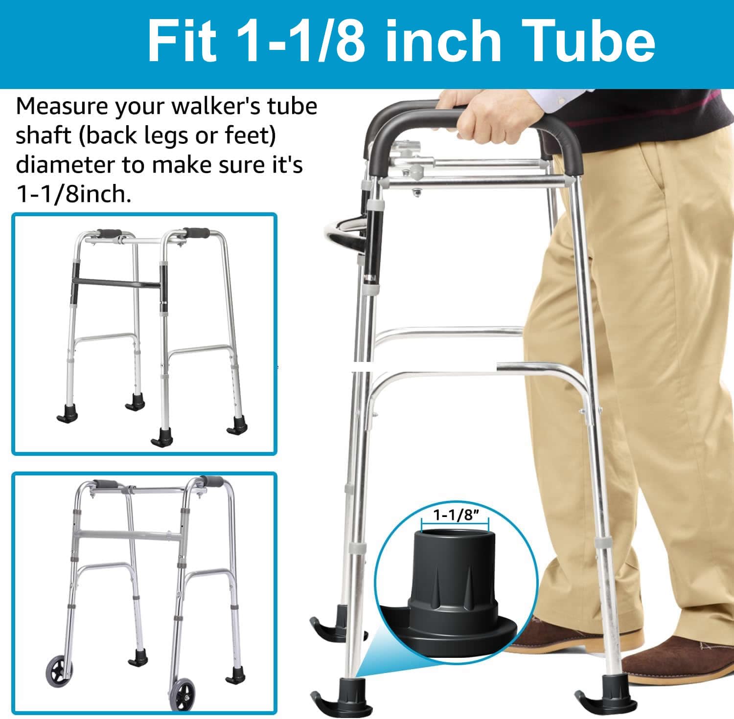Upgraded Walker Ski Glides for Seniors - 4 Pack (1 1/8 Inch) | Folding Walker Accessories, Sliders & Gliders for Back Legs | Non-Slip Walker Feet Pads | Drive Rollator Replacement Parts | Ideal for Indoor/Outdoor Mobility Assistance & Elderly Care