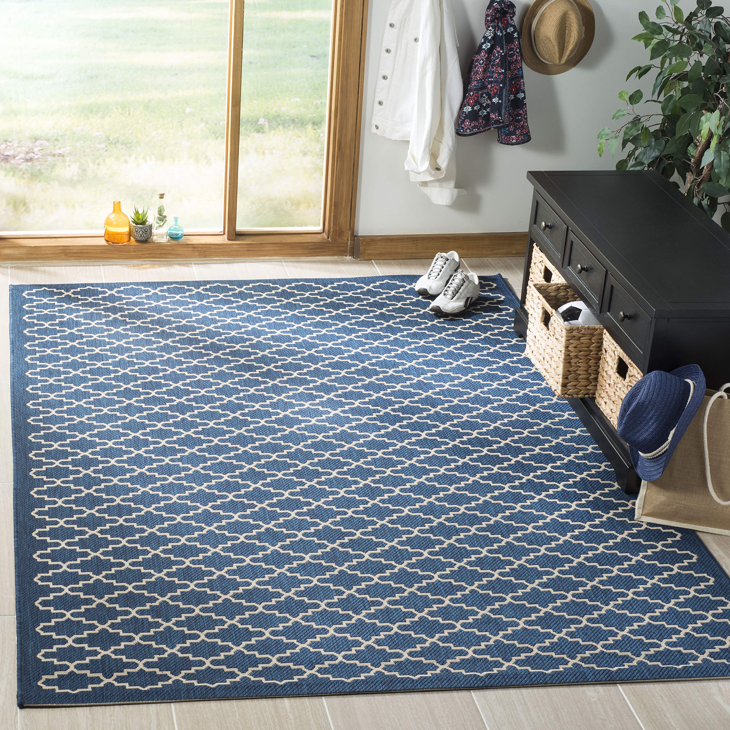 SAFAVIEH Courtyard Collection 9' x 12' Navy & Beige Trellis Design Non-Shedding Washable Indoor Outdoor Rug - Perfect for Living Room, Bedroom, Patio, Backyard, Mudroom (CY6919-268)