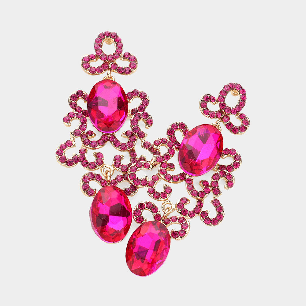 Fuchsia Oval Rhinestone Crystal Abstract Pageant Earrings for Women – Elegant Evening Party Jewelry – Perfect for Prom, Wedding, and Special Occasions